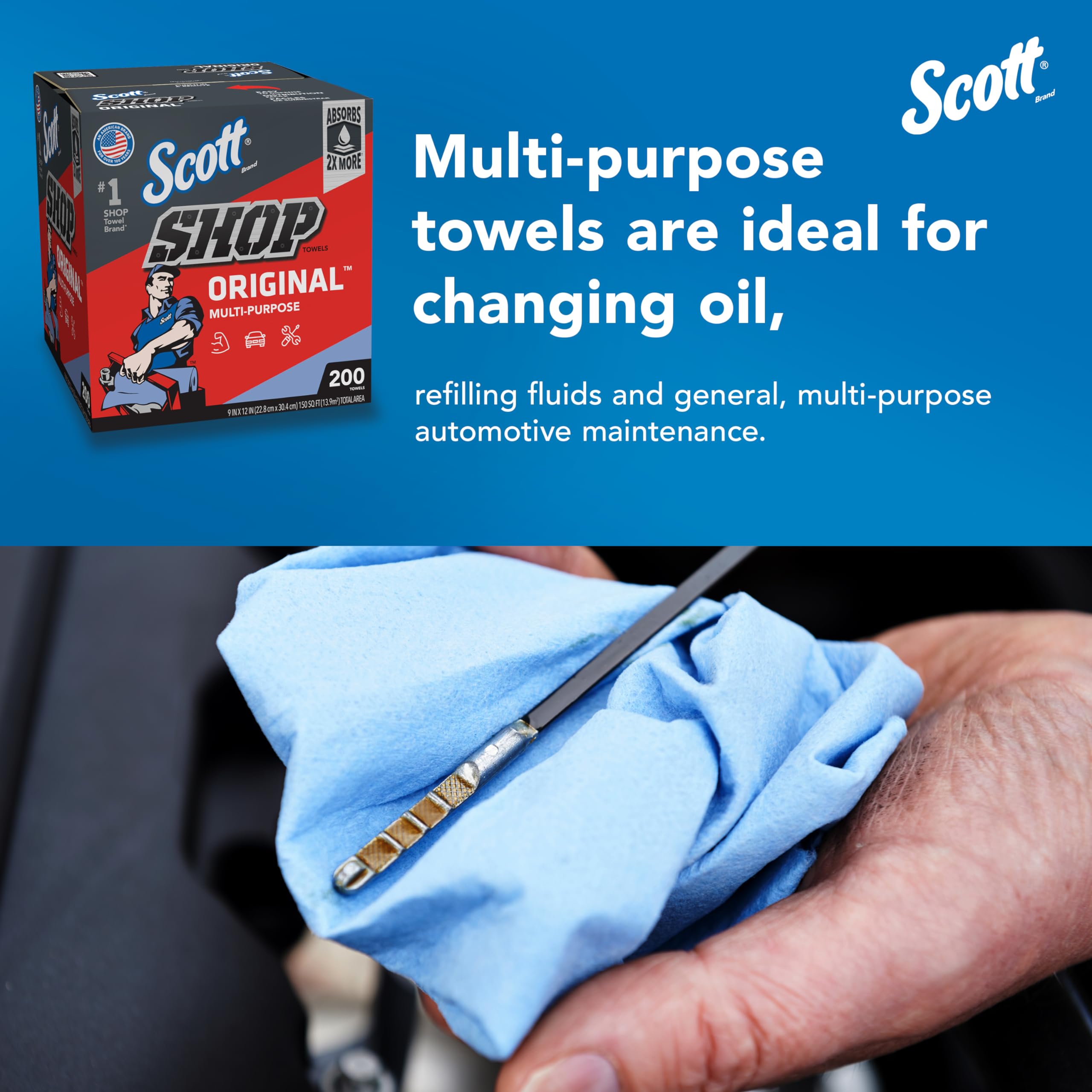 Scott® Shop Towels Original (75190) - Heavy Duty Blue Industrial Paper Towels, 200 Towels per Box, 8 Boxes per Case (1,600 Towels Total) - Pop-Up Dispenser Box for Auto Shops, Garages, Workshops & Industrial Cleaning