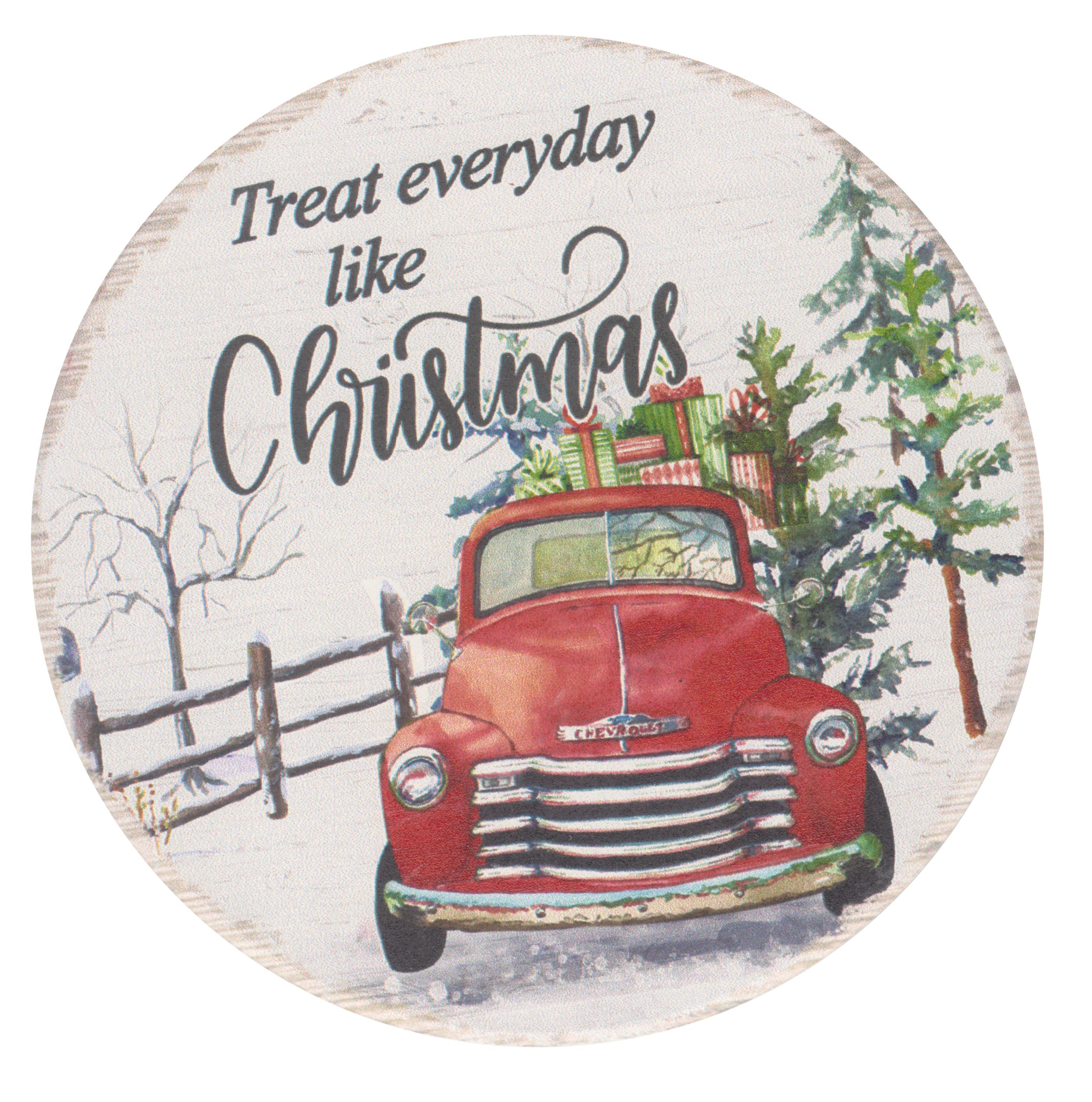 Christmas Ceramic Coasters Set of 4 - Red Truck & Car Holiday Theme with Cork Backing - 3.75 Inch Round Drink Coasters Featuring Festive Phrases & Scenes - Perfect for Holiday Parties, Home Decor & Gift Giving