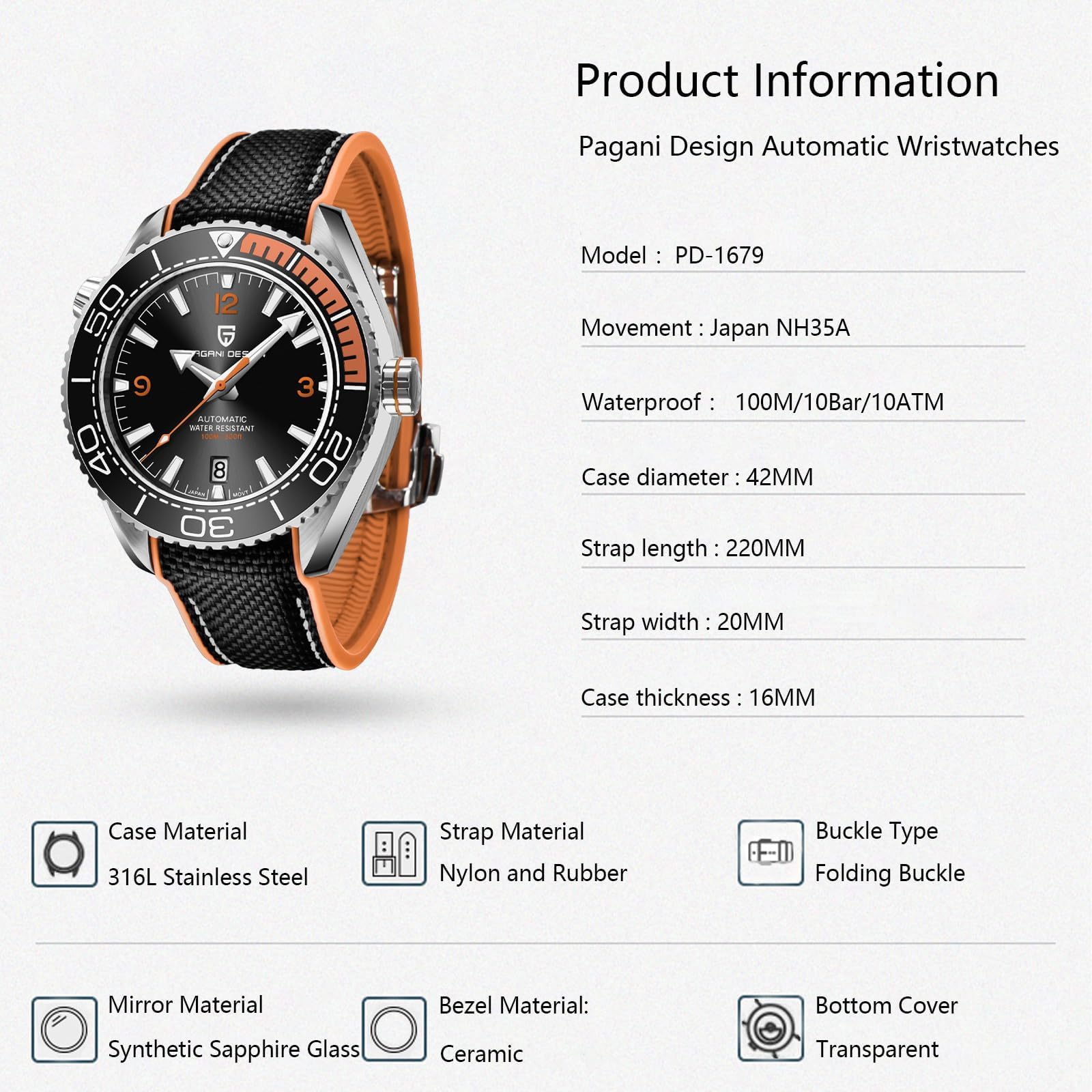 Pagani Design Automatic Mechanical Sports Diving Watch for Men - NH35 Movement, Waterproof Wristwatch with Date Display | Perfect for Diving, Swimming & Everyday Wear