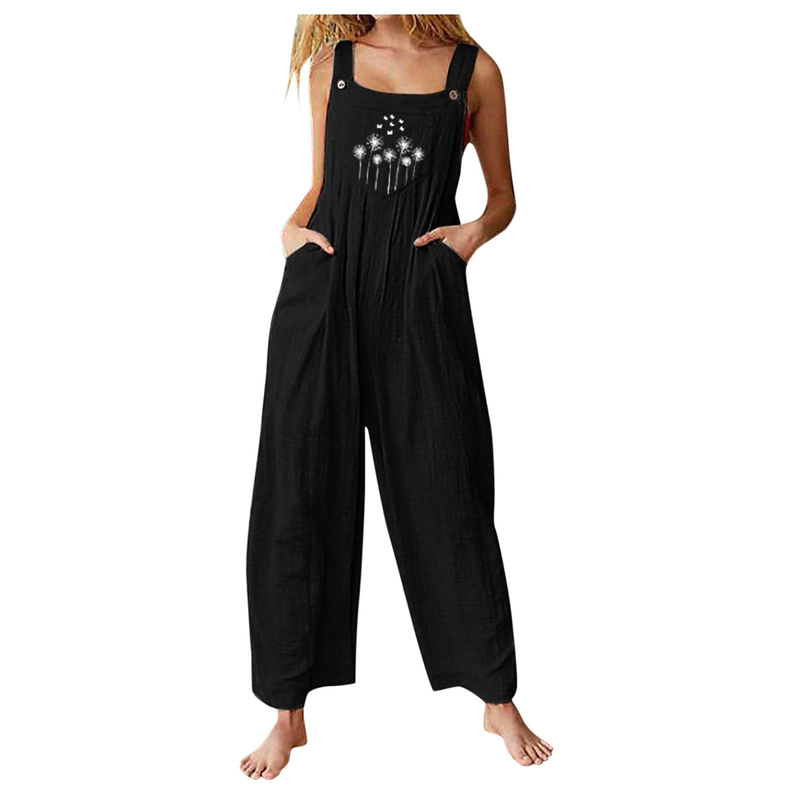 Women's Floral Print Square Neck Sleeveless Jumpsuit with Pockets - Summer Wide Leg Romper Overalls for Beach, Vacation & Casual Outings