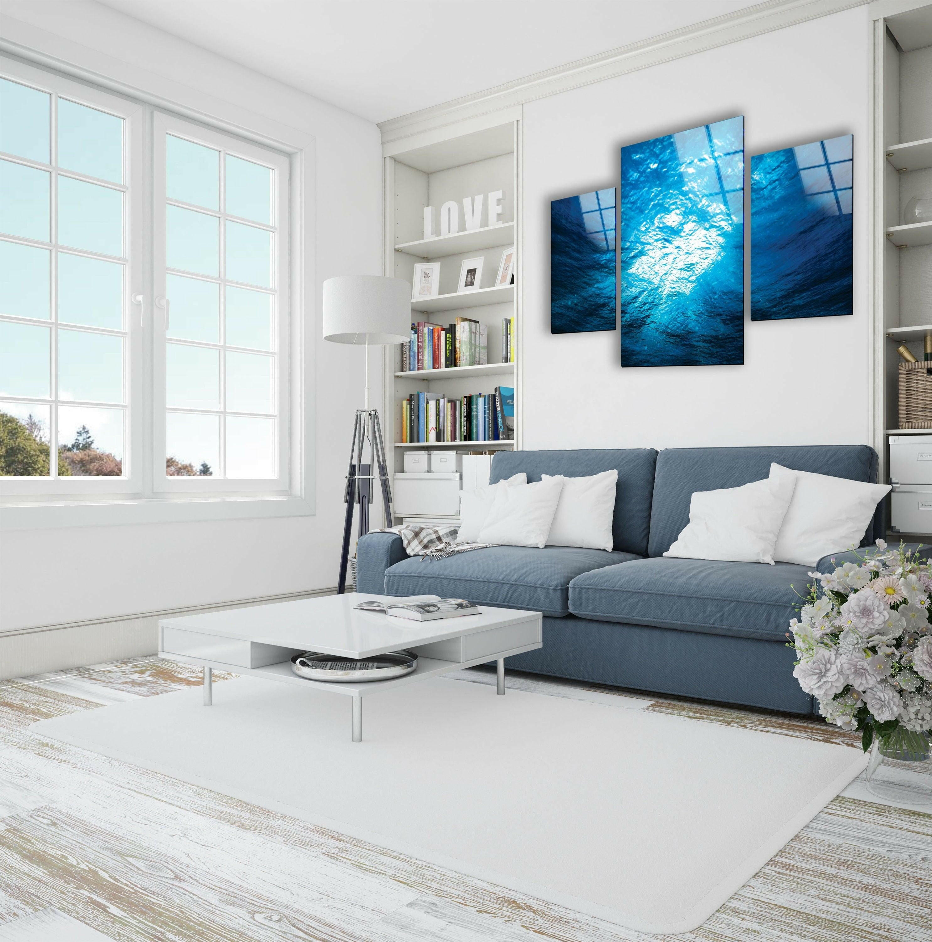 Blue Deep Underwater Abstract Glass Wall Art - Handmade Ocean Themed Decor for Living Room, Bedroom & Office - Perfect Modern Home & Office Decoration