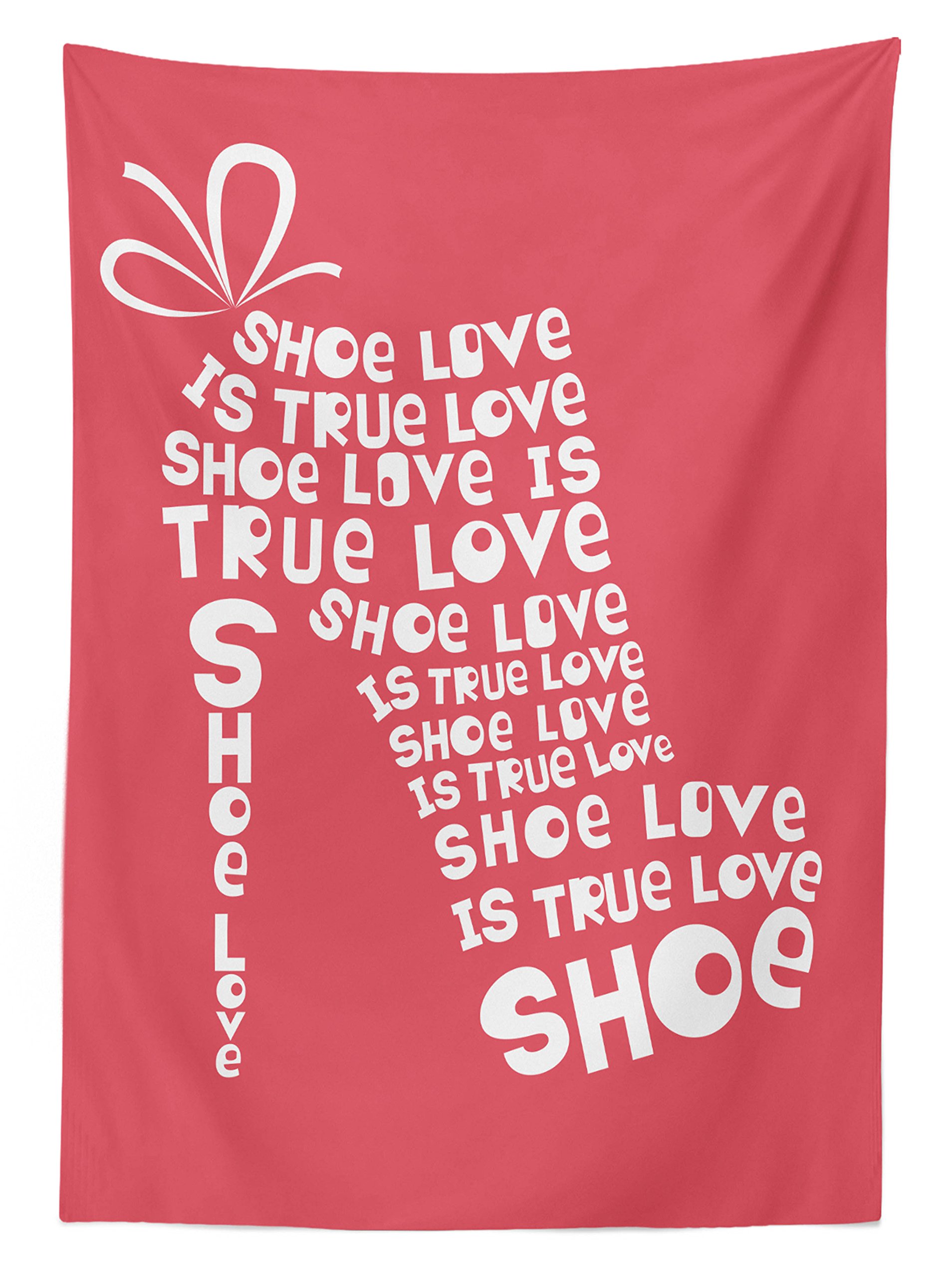 Ambesonne Funny Shoe Love Tablecloth - 'Shoe Love is True Love' Fashion Design, Washable Outdoor Picnic Table Cover 58x120 Inches, White & Coral - Perfect for Garden Parties, BBQs & Decorative Dining