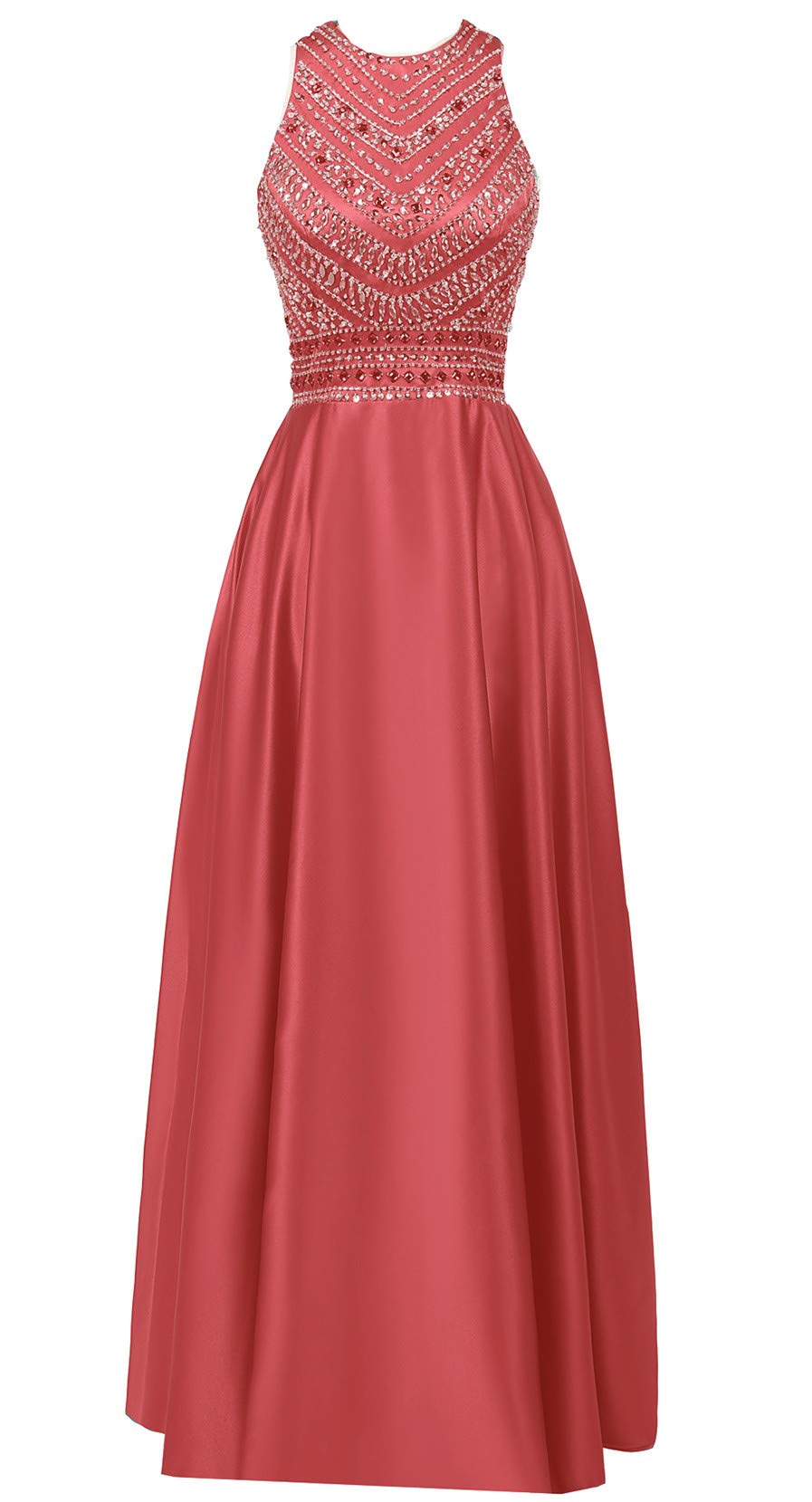 Elegant Coral Red Satin Beaded Prom Dress for Women - A-Line Long Formal Evening Gown with Pockets | Perfect for Homecoming, Wedding Guest, and Special Occasions
