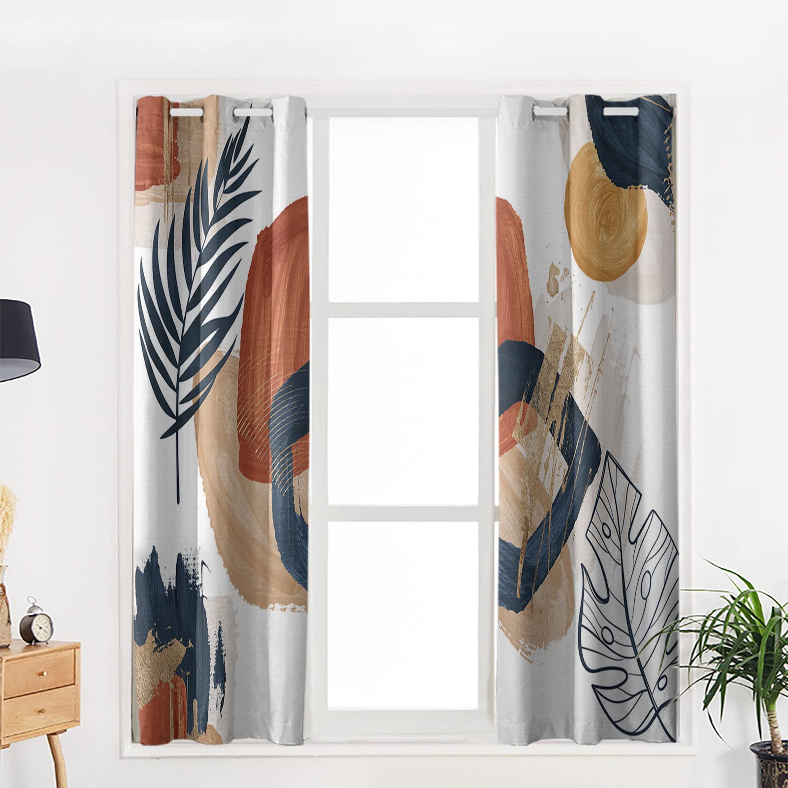 Mid Century Modern Curtains - Boho Abstract Palm Leaves Geometric Blackout Curtains for Living Room & Bedroom (2 Panels, 52x96 Inches) - Thermal Insulated Room Darkening Drapes for Home Decor, Privacy & Sun Protection