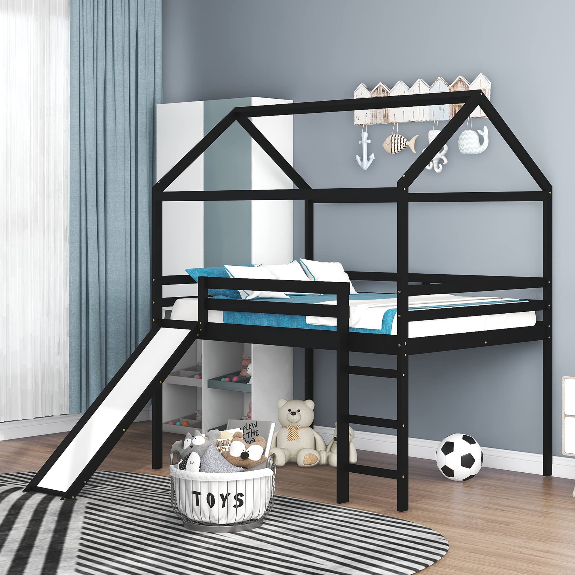 P PURLOVE Full Size Wooden Loft Bed with Roof & Slide - Sturdy House Bed Frame with Wooden Slats for Kids, Teens, Boys & Girls (Espresso) - Perfect for Small Bedrooms, Playrooms & Dorm Rooms