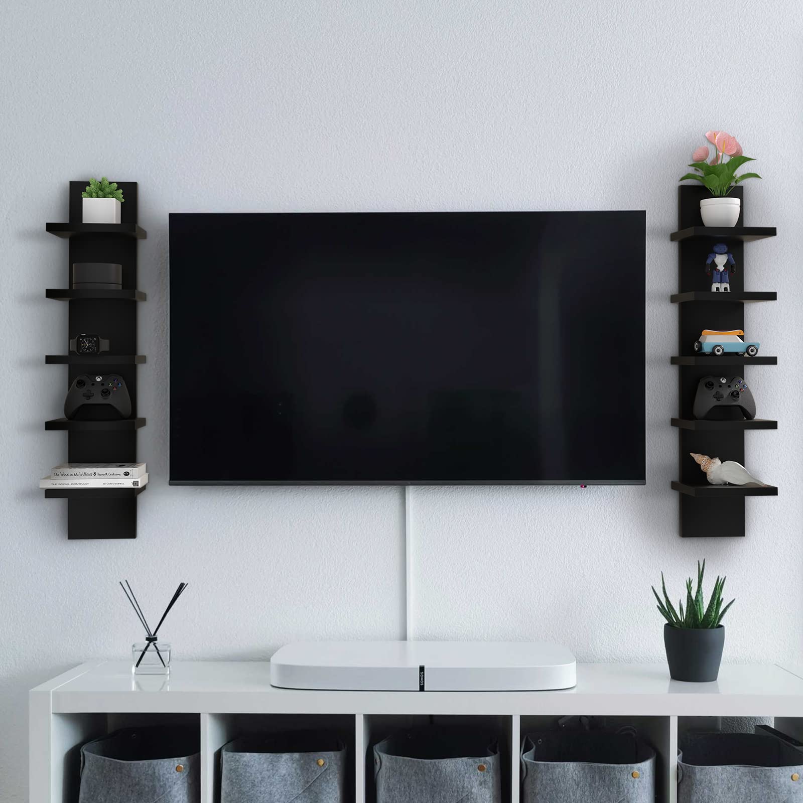 5 Tier Black Wall Shelves - Vertical Floating Storage Shelf for Home Decor & Organization - Perfect for Bedroom, Living Room & Office - 30.7 Inch Space-Saving Design - Ideal for Books, Plants, Photos & Decorative Items