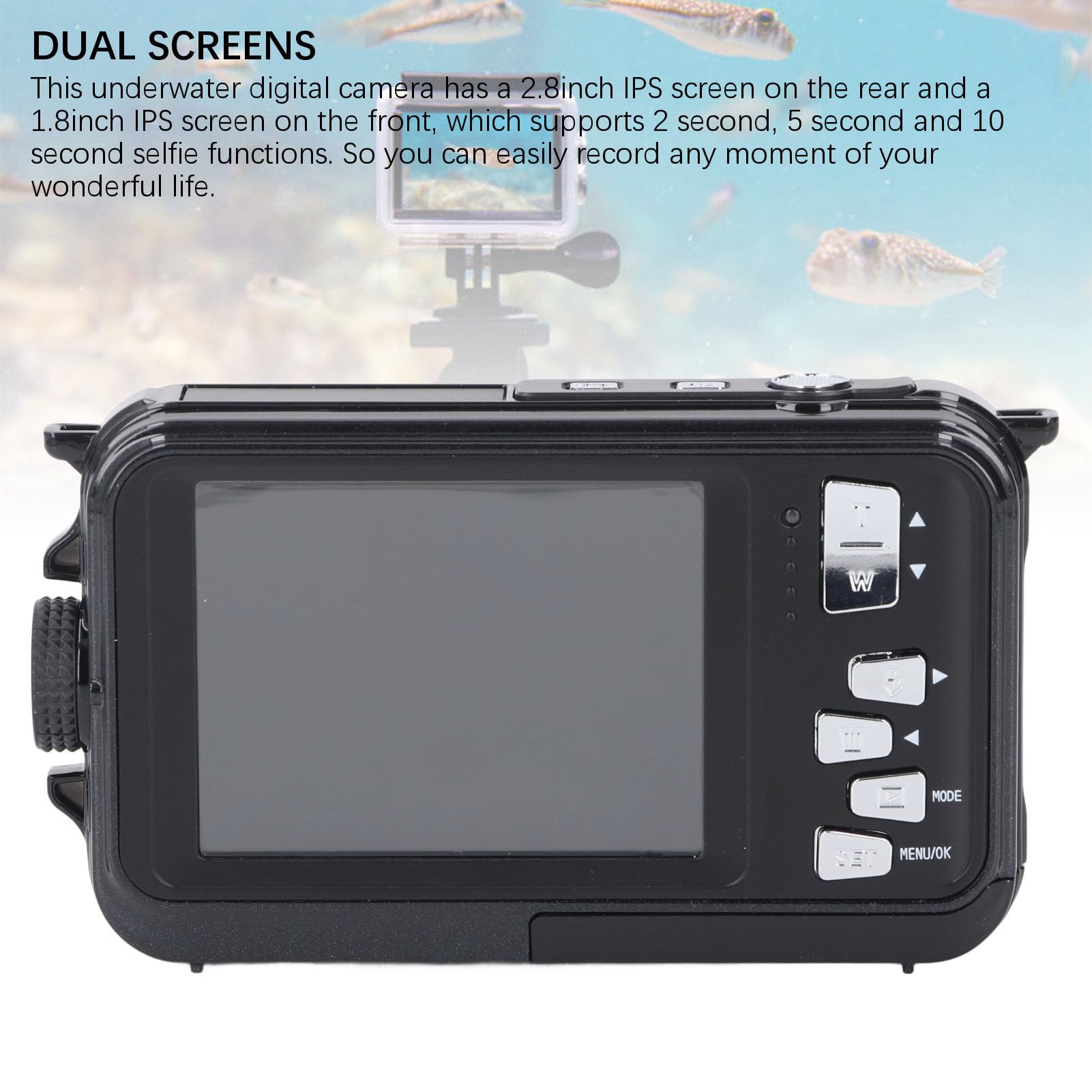2.7K 48MP Underwater Digital Camera with Autofocus & Dual Screens - 10FT Waterproof, 16X Zoom, 650mAh Battery - Perfect for Kids, Selfies, Snorkeling & Beach Vacations