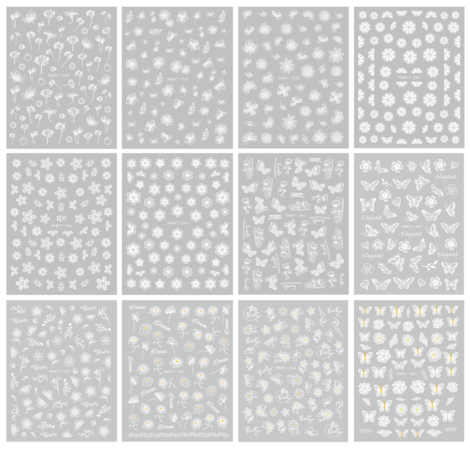 JMEOWIO 12 Sheets Spring White Flower Nail Stickers - Self-Adhesive Nail Art Decals with Butterfly & Leaf Designs - Floral Nail Supplies for DIY Manicure & Nail Decoration - Perfect for Summer, Bridal, Party & Salon Use