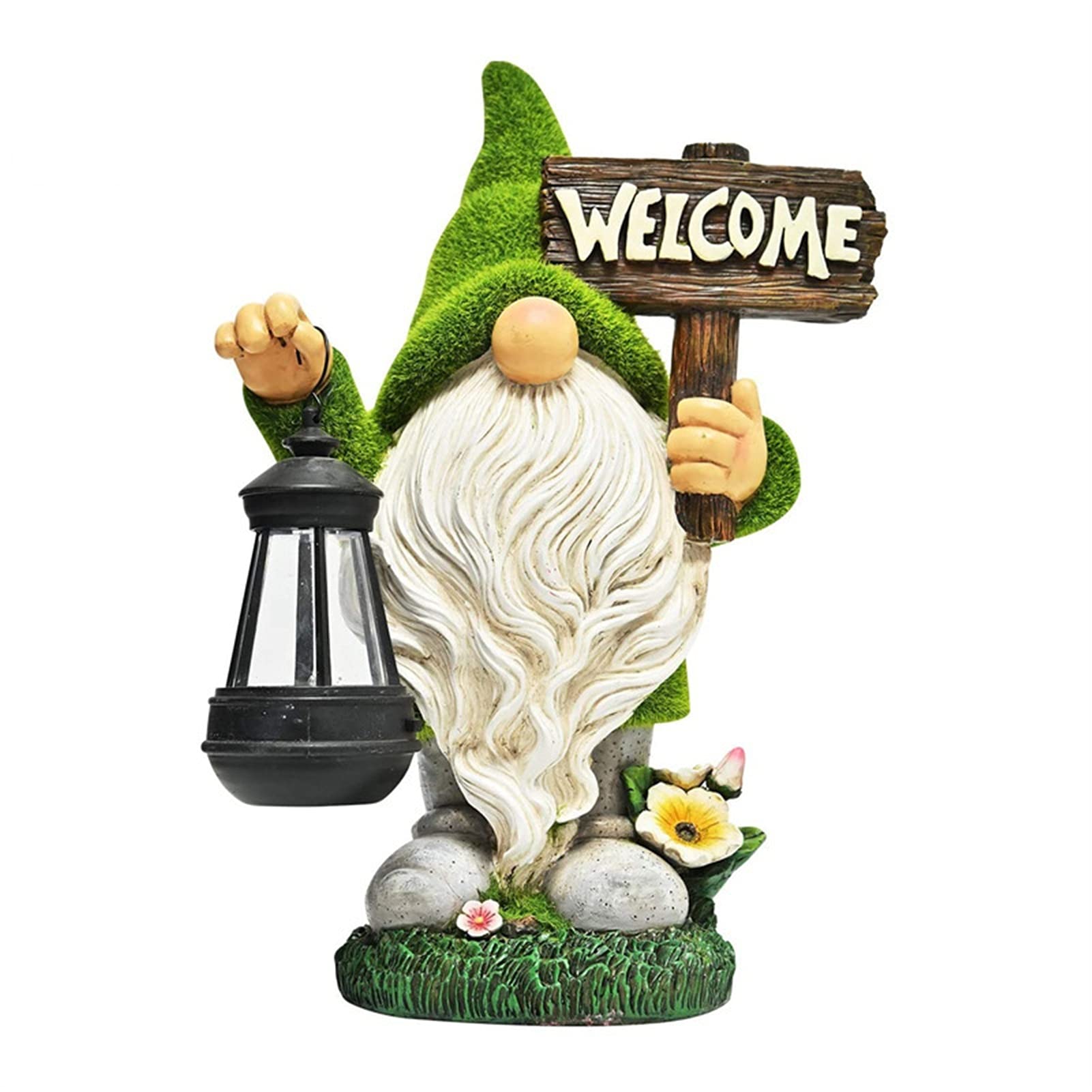 Solar LED Flocked Garden Gnome Statue with Welcome Sign - Funny Outdoor Fairy Decor for Patio, Yard & Lawn - Perfect for Garden Lighting & Nighttime Decoration