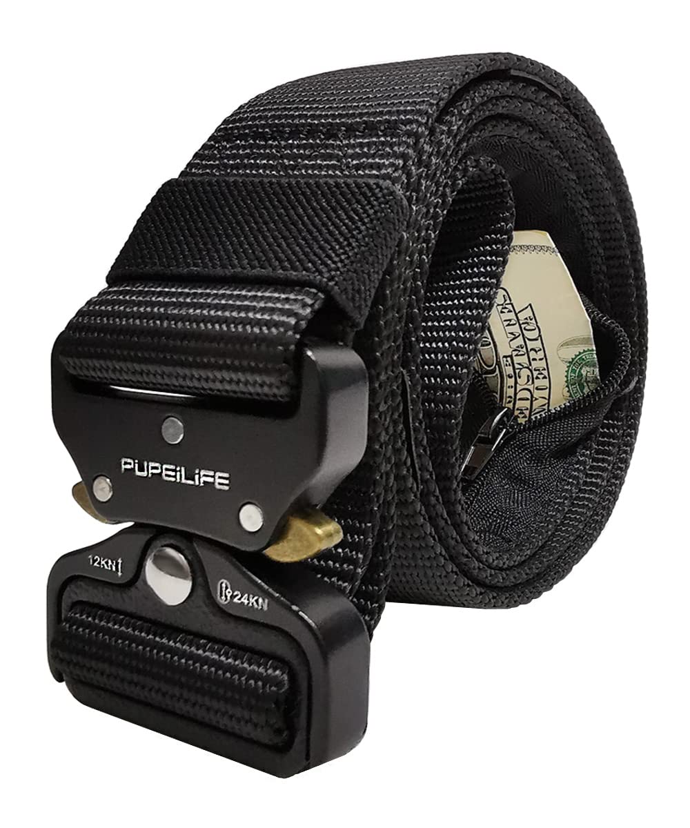 Tactical Nylon Belt with Hidden Zipper Pocket - 115cm Adjustable Waistband for Men & Women Under 38 Inches (Black) - Perfect for Travel, Hiking & Everyday Security