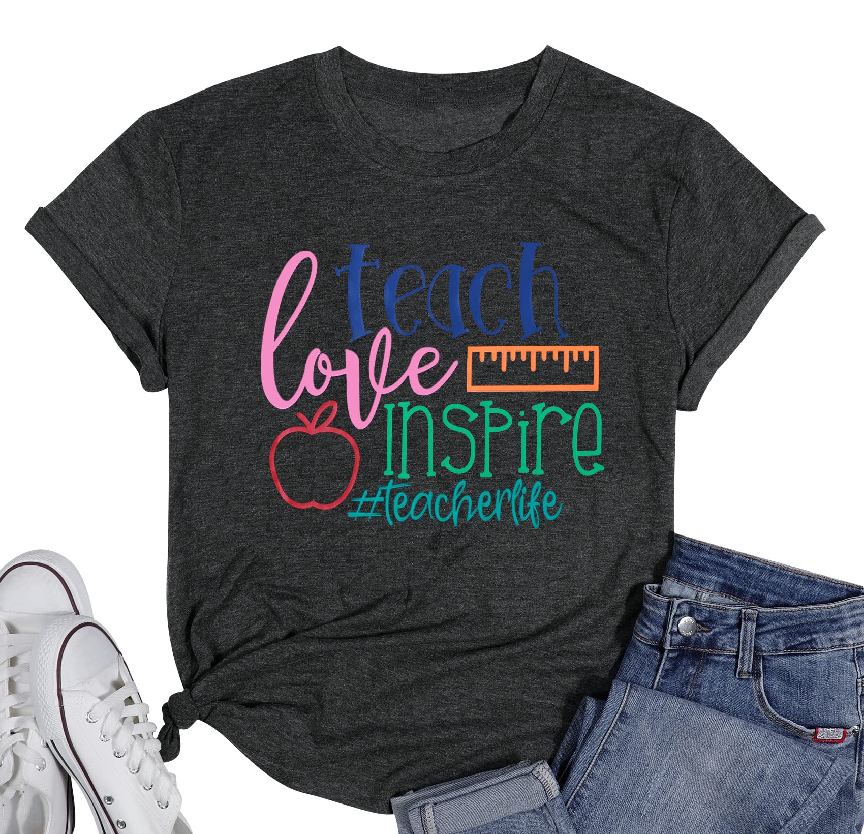 ALLTB Women's Teacher Life T-Shirt - Teach Love Inspire Graphic Tee, Kindergarten Teacher Appreciation Gift, Inspirational Top for Educators | Perfect for Teacher Appreciation Week, Classroom Wear & School Spirit Events