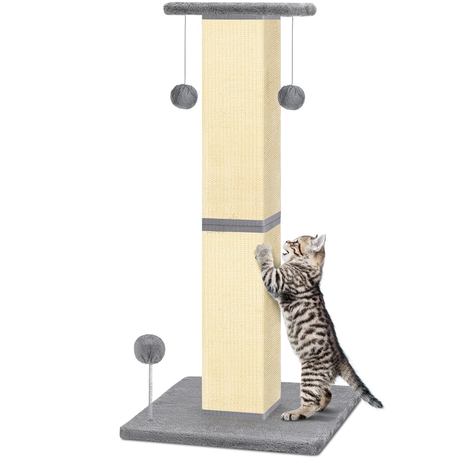 33'' Tall Sisal Cat Scratching Post for Indoor Cats - Durable Natural Sisal Scratcher to Improve Scratching Habits & Protect Furniture (Grey) - Perfect for Living Rooms, Bedrooms & Home Offices