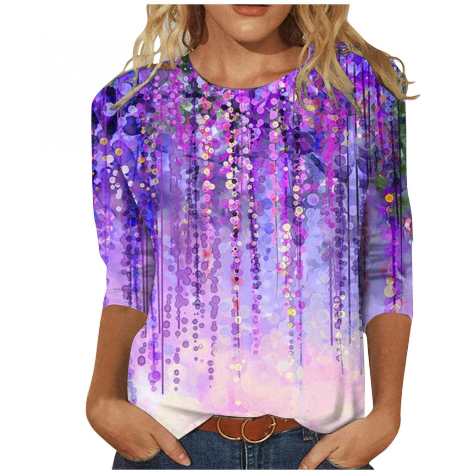 FABIURT Women's Tie Dye Print 3/4 Sleeve T-Shirts - Casual Loose Lightweight Henley Tops for Everyday Wear | Perfect for Summer Outfits, Beach Days & Casual Street Style