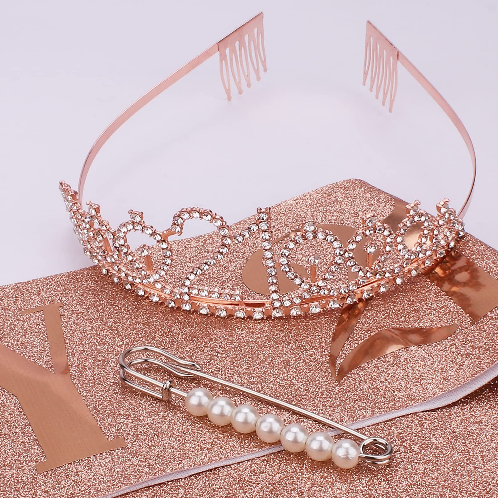 Rose Gold 21st Birthday Sash & Crown Set for Women - Elegant Tiaras & Sash for 21st Birthday Party Decorations - Perfect for Birthday Queen Celebrations, Bachelorette Parties & Special Occasions