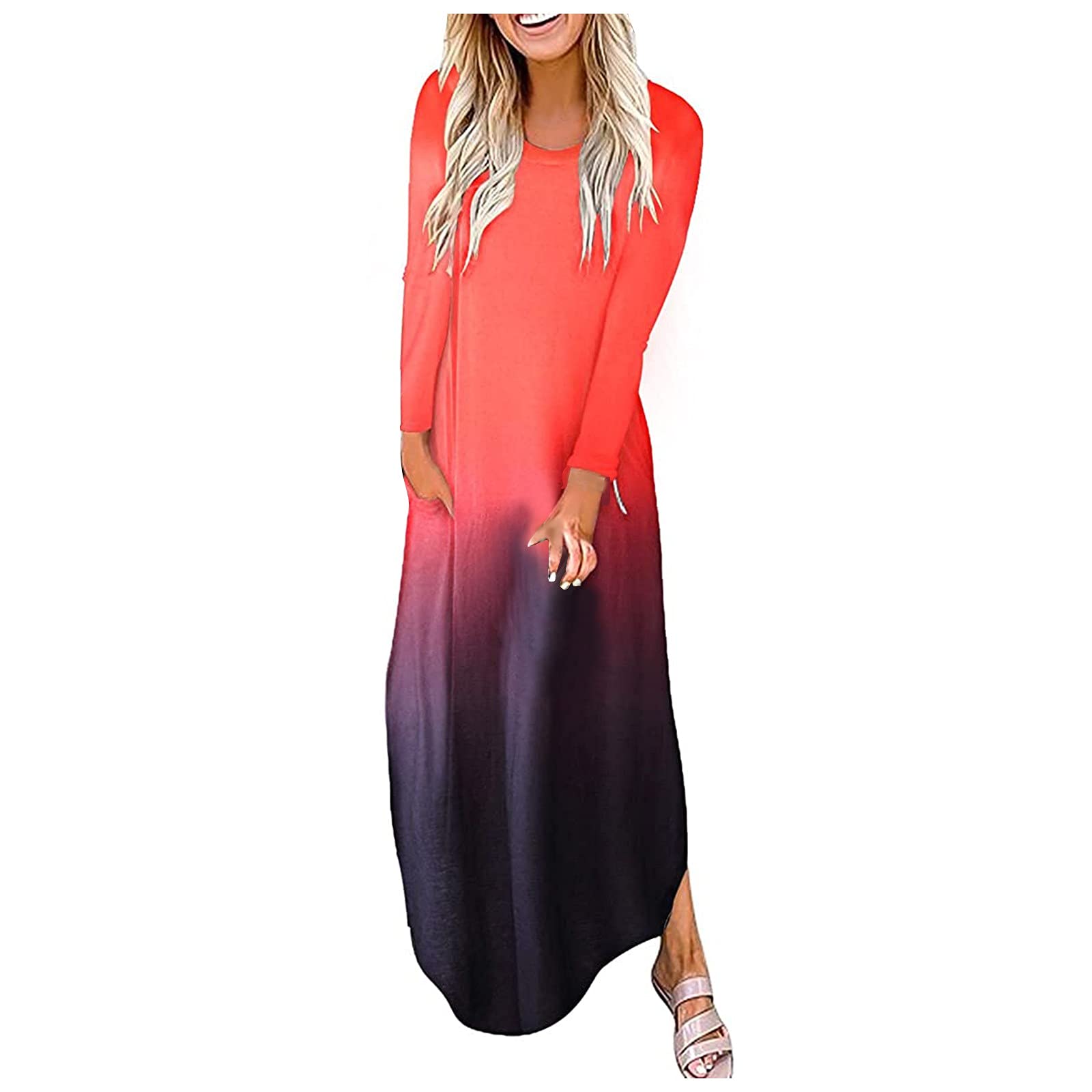 Kansopa Women's Long Sleeve Maxi Dress with Pockets - Loose Fit Round Neck Elegant Fall Dress for Wedding Guest, Party, Church & Special Occasions