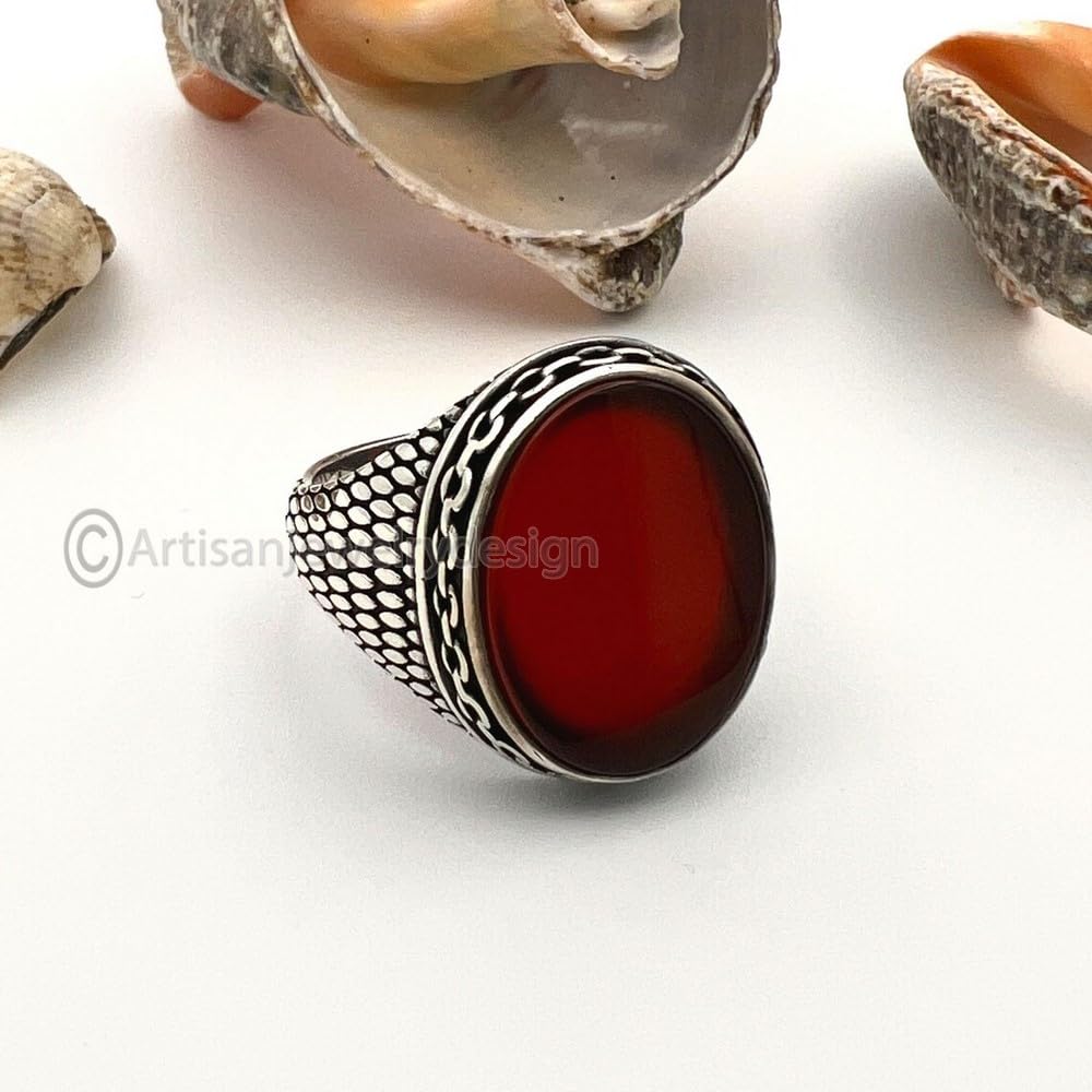 Handmade Red Onyx Men's Ring - 925 Sterling Silver Statement Signet Ring, Ottoman Style Onyx Gemstone Jewelry, Perfect Valentine’s Day Gift for Him, Ideal for Weddings, Anniversaries, and Special Occasions