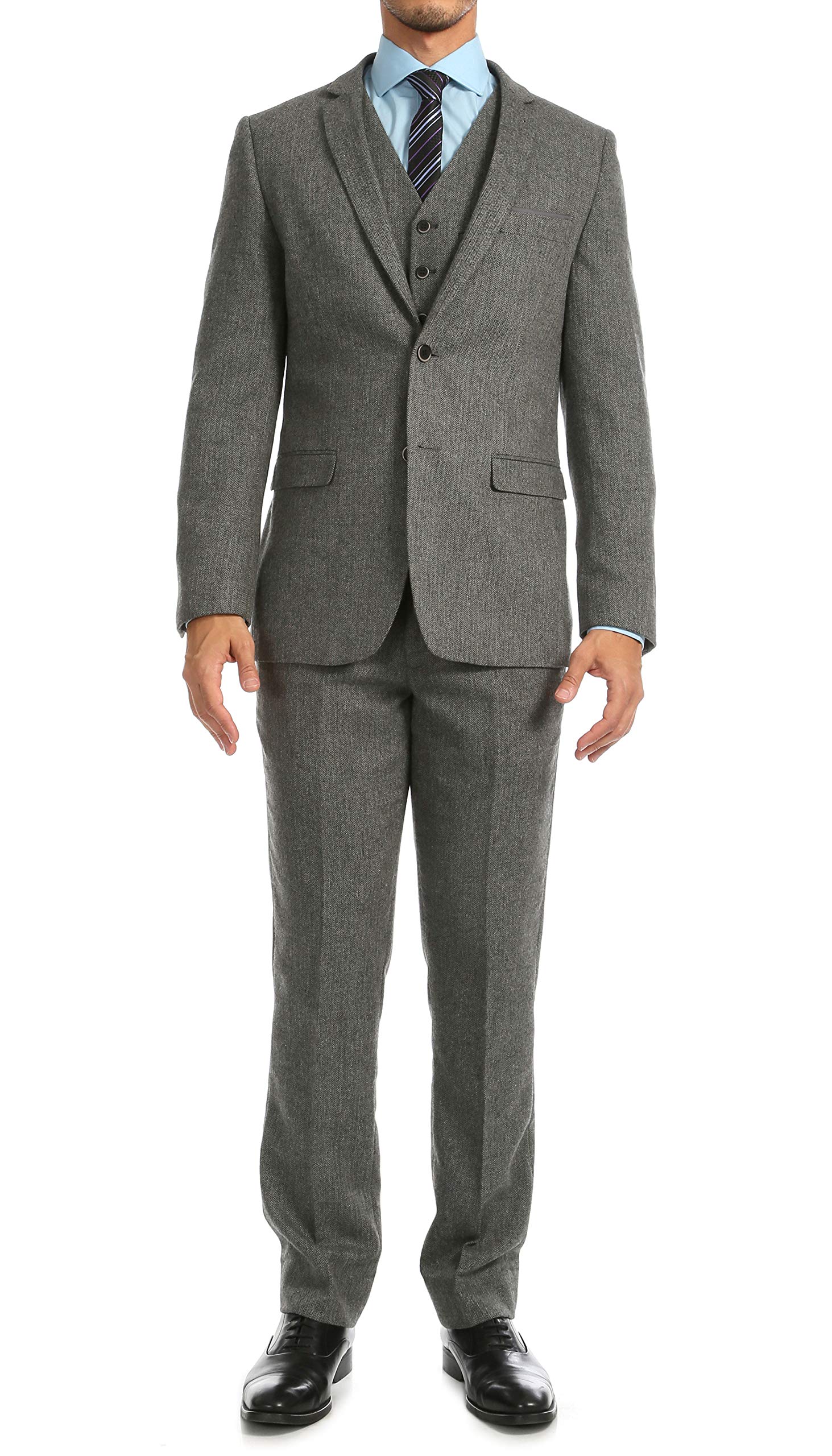 Ferrecci Men's York Herringbone Slim Fit 3 Piece Suit | Premium Wool Business Suit | Perfect for Weddings, Office & Formal Events