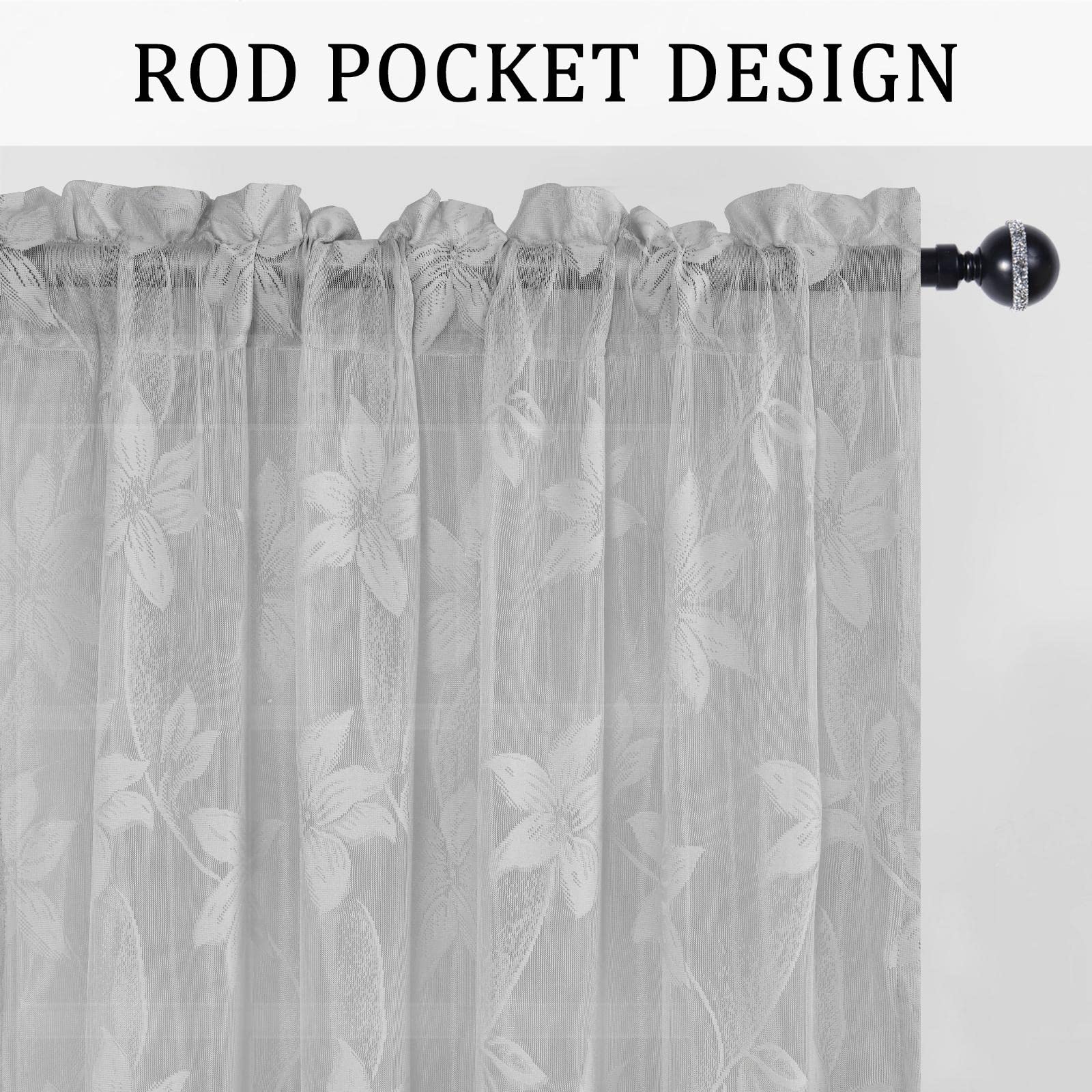 DWCN Grey Floral Lace Sheer Curtains - Rod Pocket Window Voile Sheer Drapes for Bedroom & Kitchen, 52 x 45 Inch Short Curtains Set of 2 Panels - Elegant Home Decor for Living Room, Nursery & Dorm