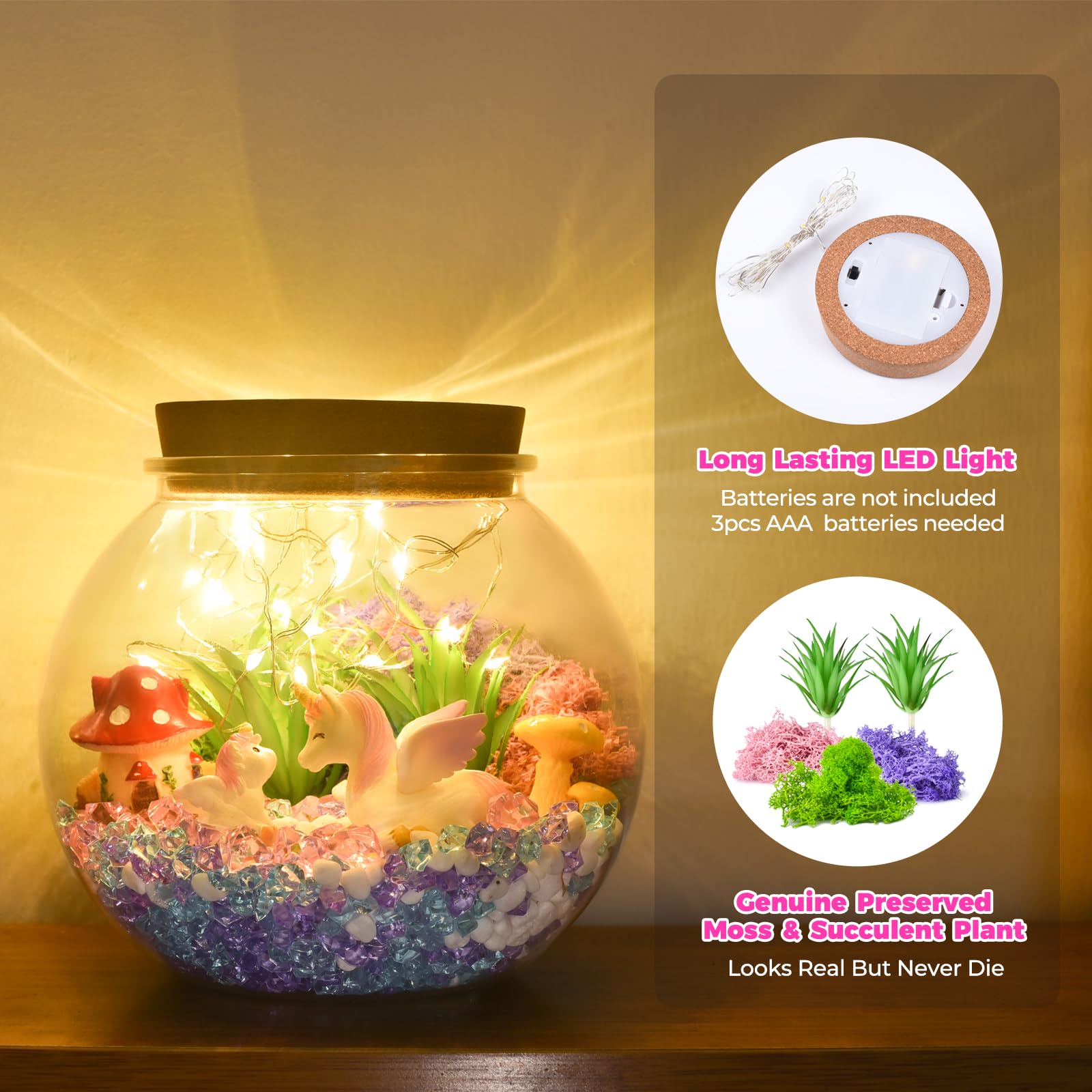 Magical DIY Unicorn Terrarium Kit with LED Lights - Creative Arts & Crafts Toy for Girls Ages 5-12 - Perfect Birthday Gift for Kids - Fun STEM Activity for Bedroom Decor & Imaginative Play