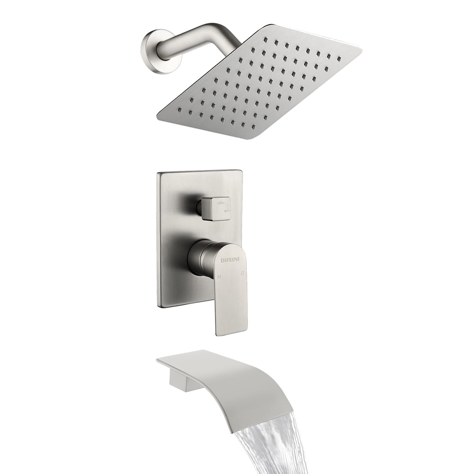 Premium Brushed Nickel All-Metal Shower Faucet Set with Waterfall Tub Spout - Complete Wall Mounted Shower System with Rough-in Valve - Ideal for Bathroom Renovations & Luxury Spa Experiences (Model 33011BN)