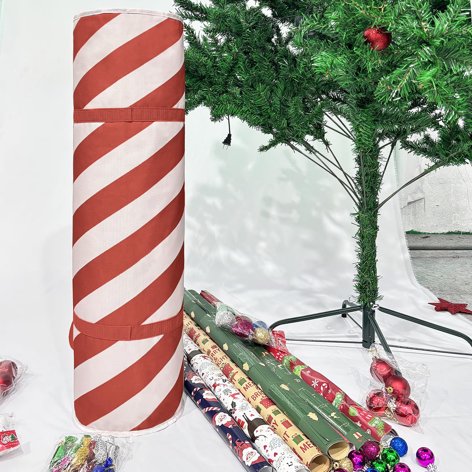 Premium Christmas Wrapping Paper Organizer - Gift Wrap & Holiday Decorations Storage Bag with Round Red Stripe Design - Perfect for Organizing Xmas, Birthday & Party Supplies (Ideal for Home, Office & Craft Room Organization)
