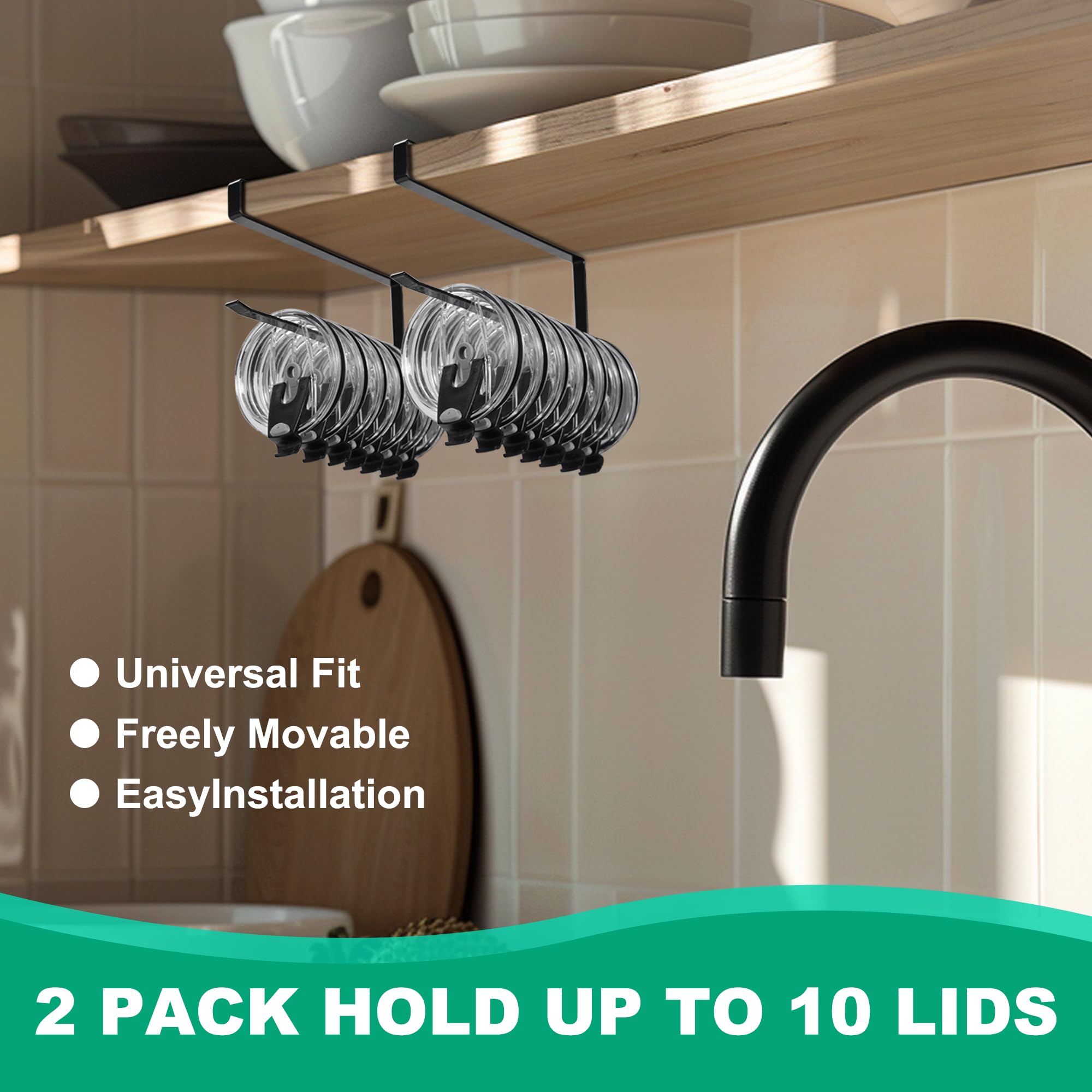 2-Pack Tumbler Lid Organizer - Hanging Cup Lid Storage Holder for Kitchen, Fits Up to 20 Lids, Space-Saving Clip-On Design (No Adhesive/Drilling Required) - Perfect for Coffee Mugs, Travel Cups & Water Bottles Organization