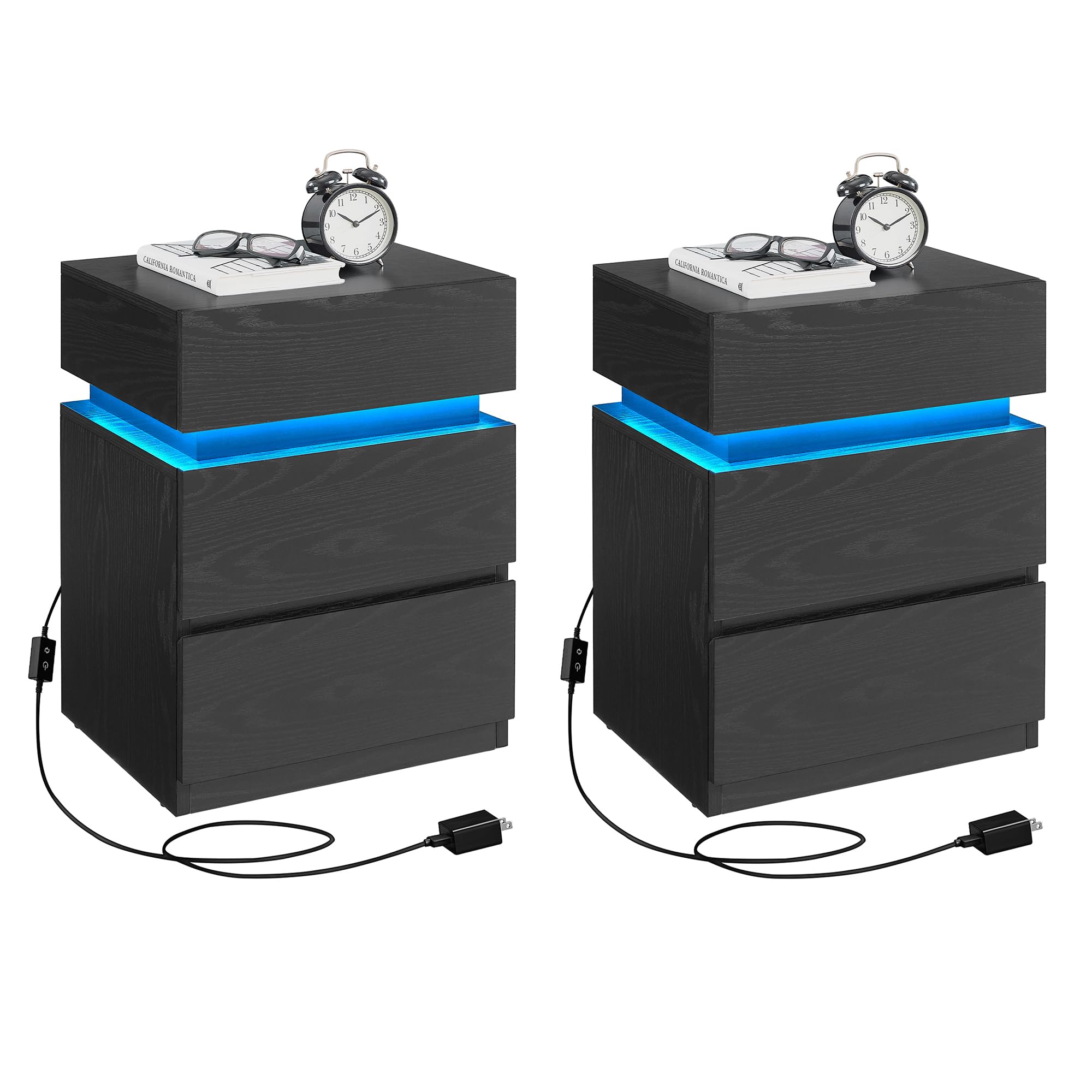VASAGLE Modern Nightstand Set of 2 with LED Lights - Adjustable Color, 3-Drawer Bedside Table, 13.8 x 15.7 x 21.7 Inches, Ebony Black - Perfect for Bedroom, Living Room, or Office Side Table (ULET799T58)