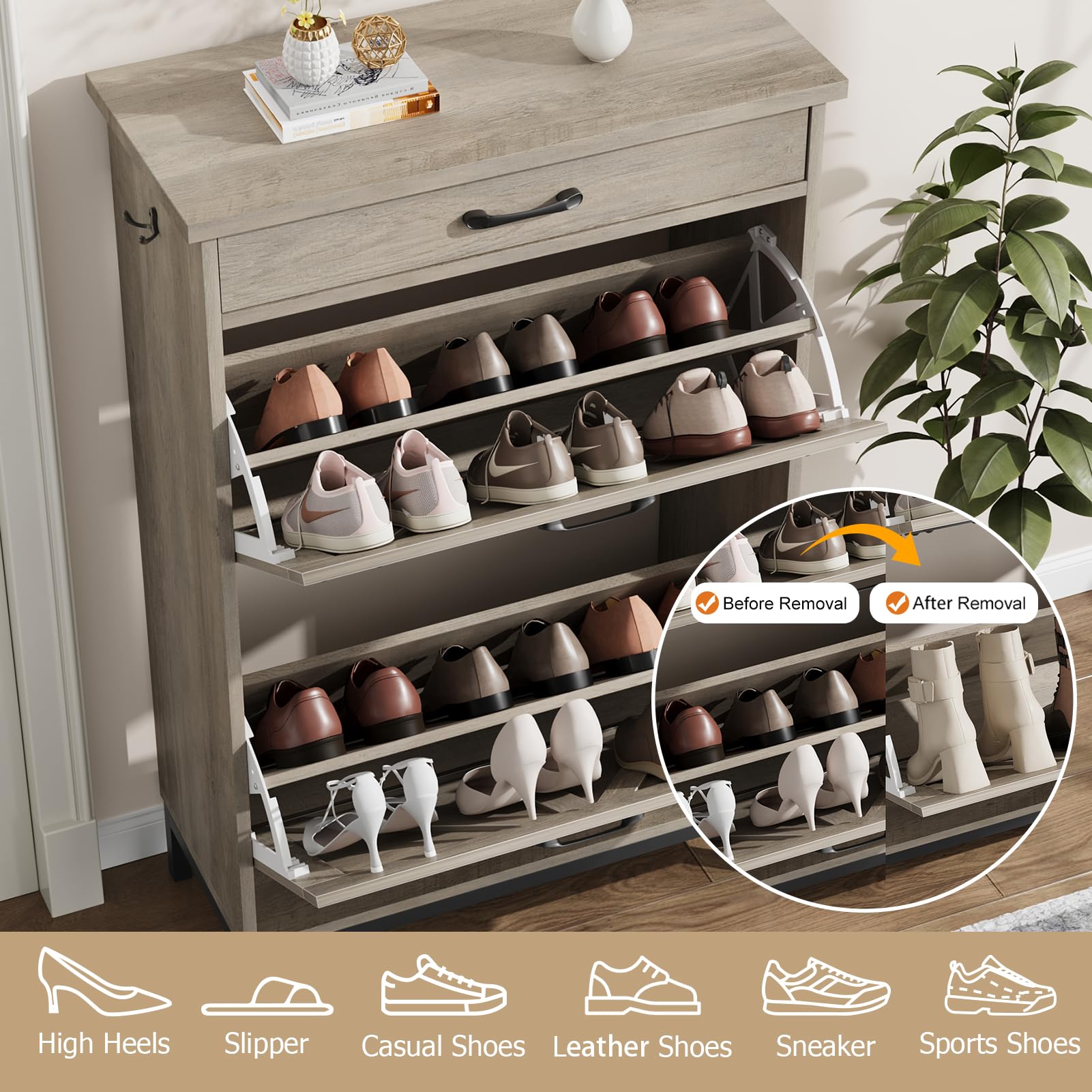Farmhouse Narrow Shoe Cabinet with 2 Flip Drawers - Hidden Entryway Shoe Storage Organizer, Free Standing Slim Shoe Rack for Hallway, Foyer & Door Entry (Grey) - Perfect for Small Spaces & Clutter-Free Home Organization
