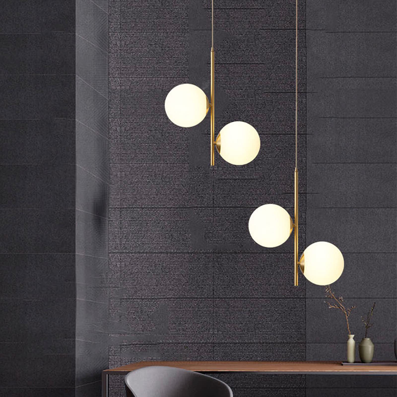 2-Light White Glass Pendant Light Fixture with Brass Gold Metal - Modern Globe Chandelier for Dining Room, Kitchen Island, or Bedroom Ceiling Lighting