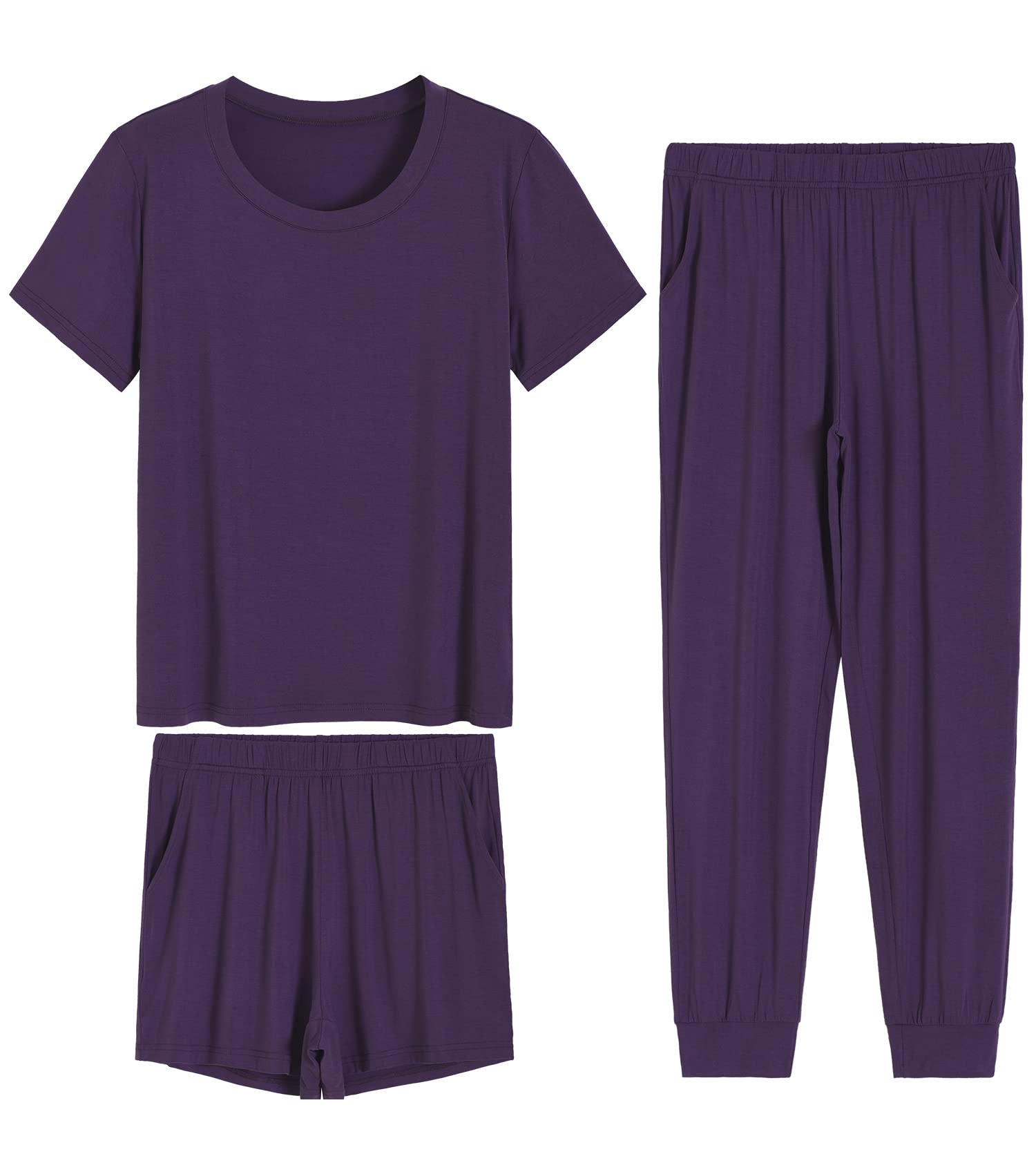 Women's 3-Piece Bamboo Viscose Short Pajama Set with Jogger Pants - Soft & Breathable Sleepwear for Summer Nights, Lounge Wear, and Relaxing at Home