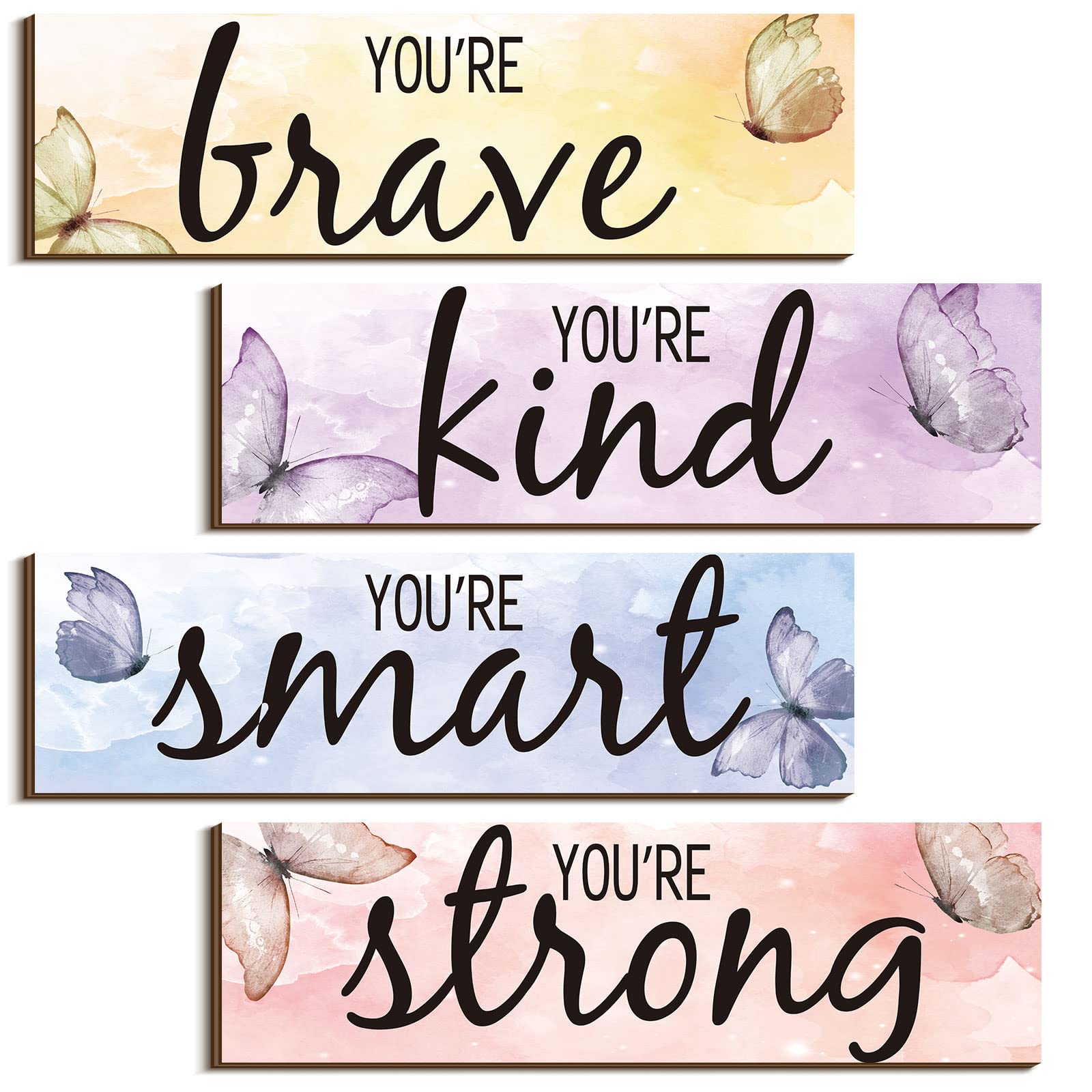 4-Piece Butterfly Inspirational Quote Wooden Wall Art - Motivational Home Decor for Women & Girls - Rustic Room Signs for Bedroom, Office, Nursery & Living Room - Perfect for Gifts & Home Decoration