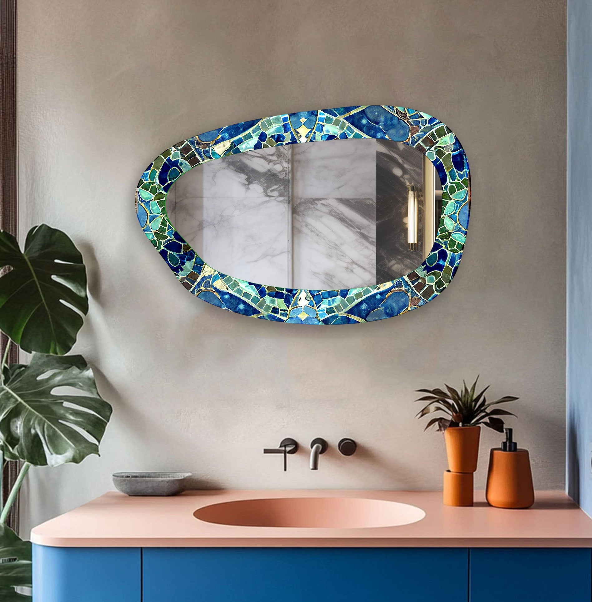 Blue & Green Mosaic Large Glass Wall Mirror - Elegant Home Decor for Living Room, Bedroom, or Entryway - Perfect for Adding Style and Brightness to Any Space