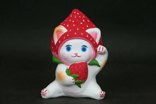 Nagahama Doll Japanese Maneki Neko (Beckoning Cat) Lucky Charm - Strawberry Design, Traditional Japanese Fortune Cat Figurine for Home Decor, Office Feng Shui & Gift Giving