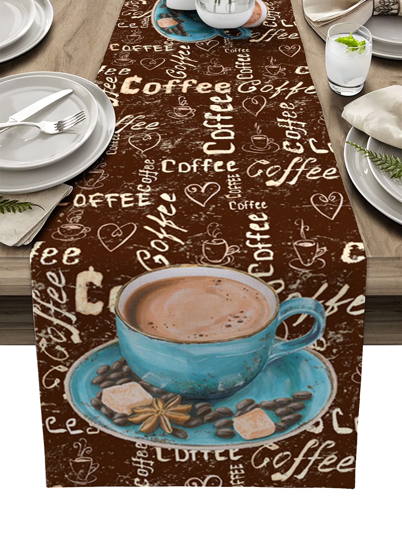 Vintage 1998 Cotton Linen Table Runner with Coffee Cup Typography - 13x70 Inch Rectangle Table Decor for Wedding, Birthday Party, Baby Shower & Dinner Table Setting - Perfect for Rustic and Retro Home Decor