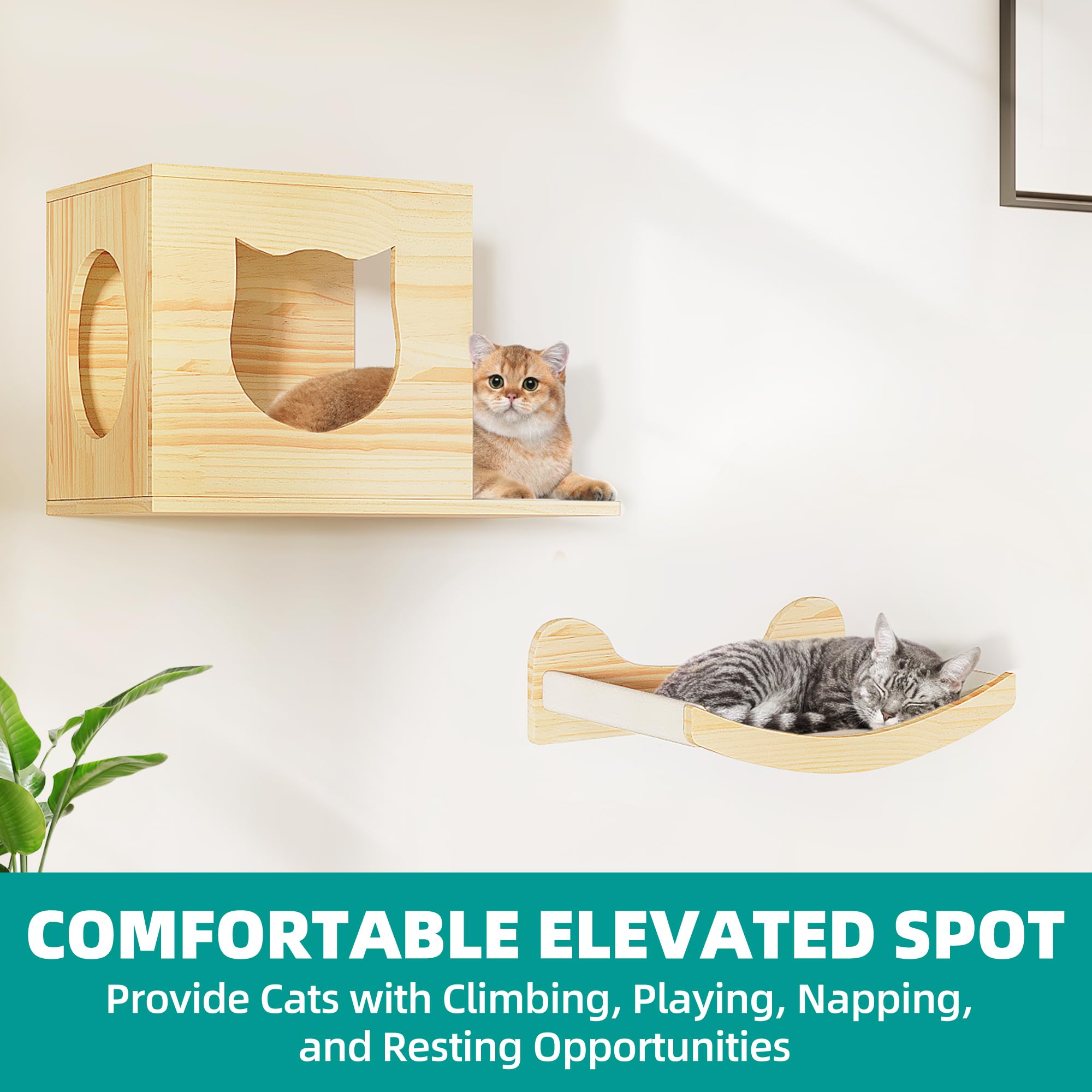YITAHOME 9-Piece Solid Pine Wood Cat Wall Shelves and Perches Set - Wall Mounted Cat Tree with Moon Cat House & Bridge Ladder - Indoor Cat Climbing Shelves for Play, Rest, and Vertical Space (Perfect for Small Apartments & Multi-Cat Homes)