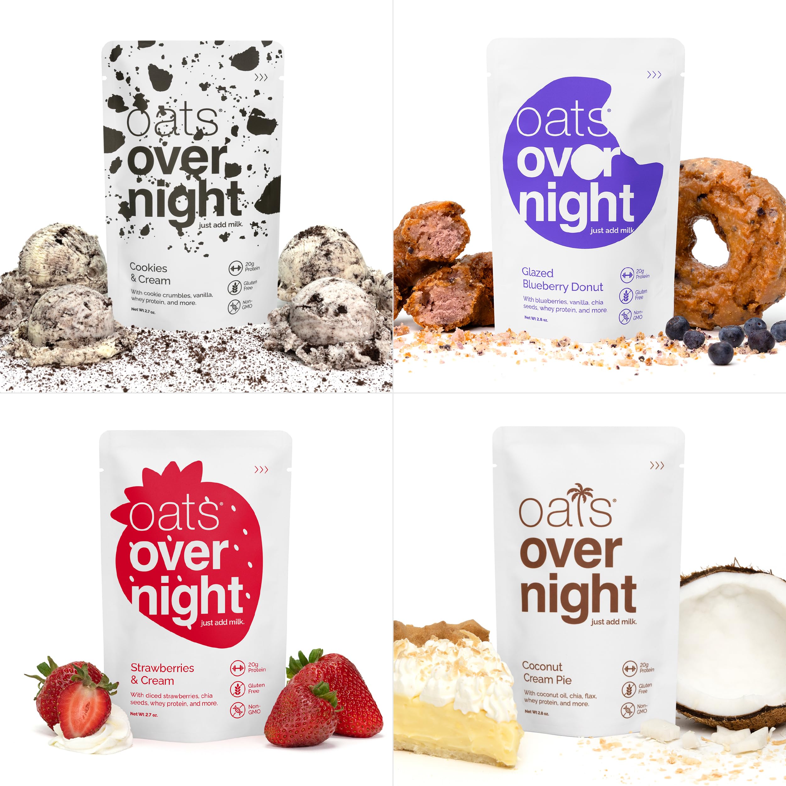 Oats Overnight Party Variety Pack - High Protein & Fiber Breakfast Shake | Gluten Free, Non-GMO Oatmeal with Cookies & Cream, Coconut Cream Pie & More (8 Pack) - Perfect for Busy Mornings, Post-Workout Recovery & Healthy On-the-Go Nutrition