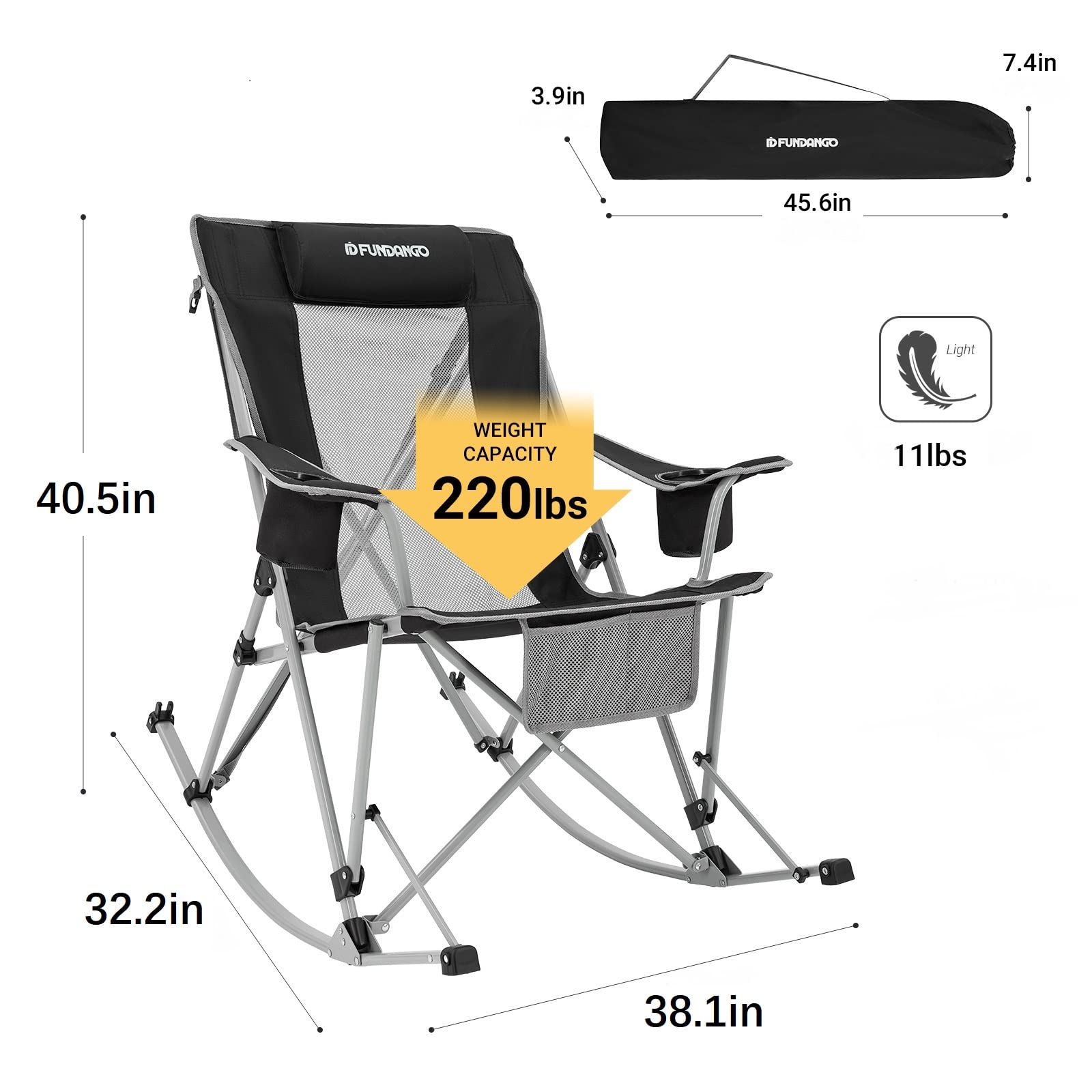 Portable Folding Rocking Chair for Adults - Lightweight Camping Chair for Outdoor, Beach, Travel, Picnic & Patio - Comfortable Foldable Rocker for Relaxing in Backyard, Garden or Lakeside (BlackGrey)