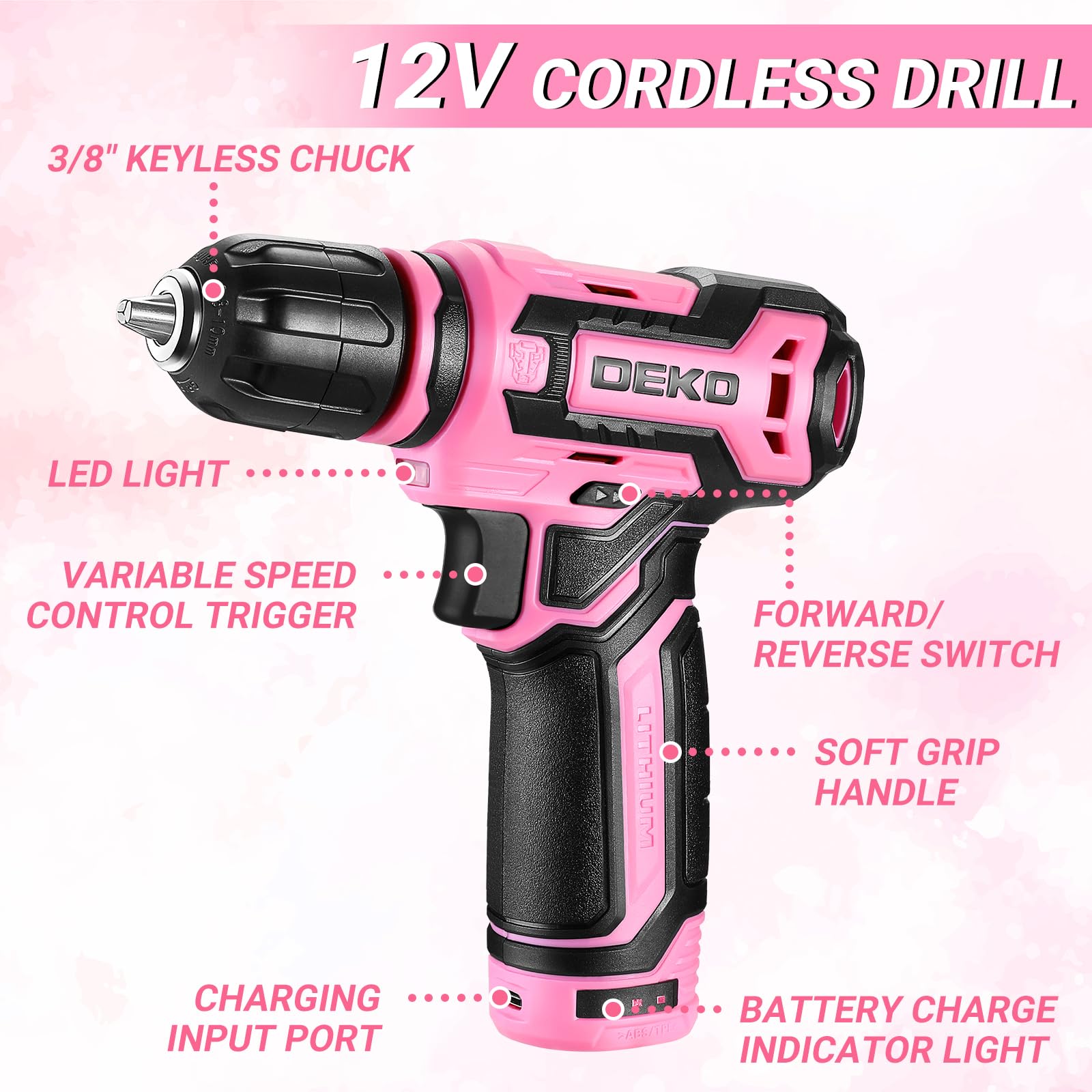 **DEKOPRO 12V Cordless Drill & Tool Kit Set - 65-Piece Pink Home Mechanic Toolbox with Storage Case | DIY Repair, Woodworking, Household Fixes | Perfect for Men & Women**