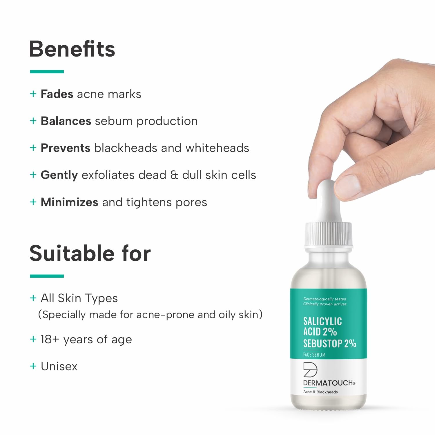 DERMATOUCH Salicylic Acid 2% Face Serum for Acne & Blackheads Treatment - Oil Control & Pore Minimizer for Acne-Prone & Oily Skin - 15ml - Perfect for Daily Skincare Routine & Blemish Prevention
