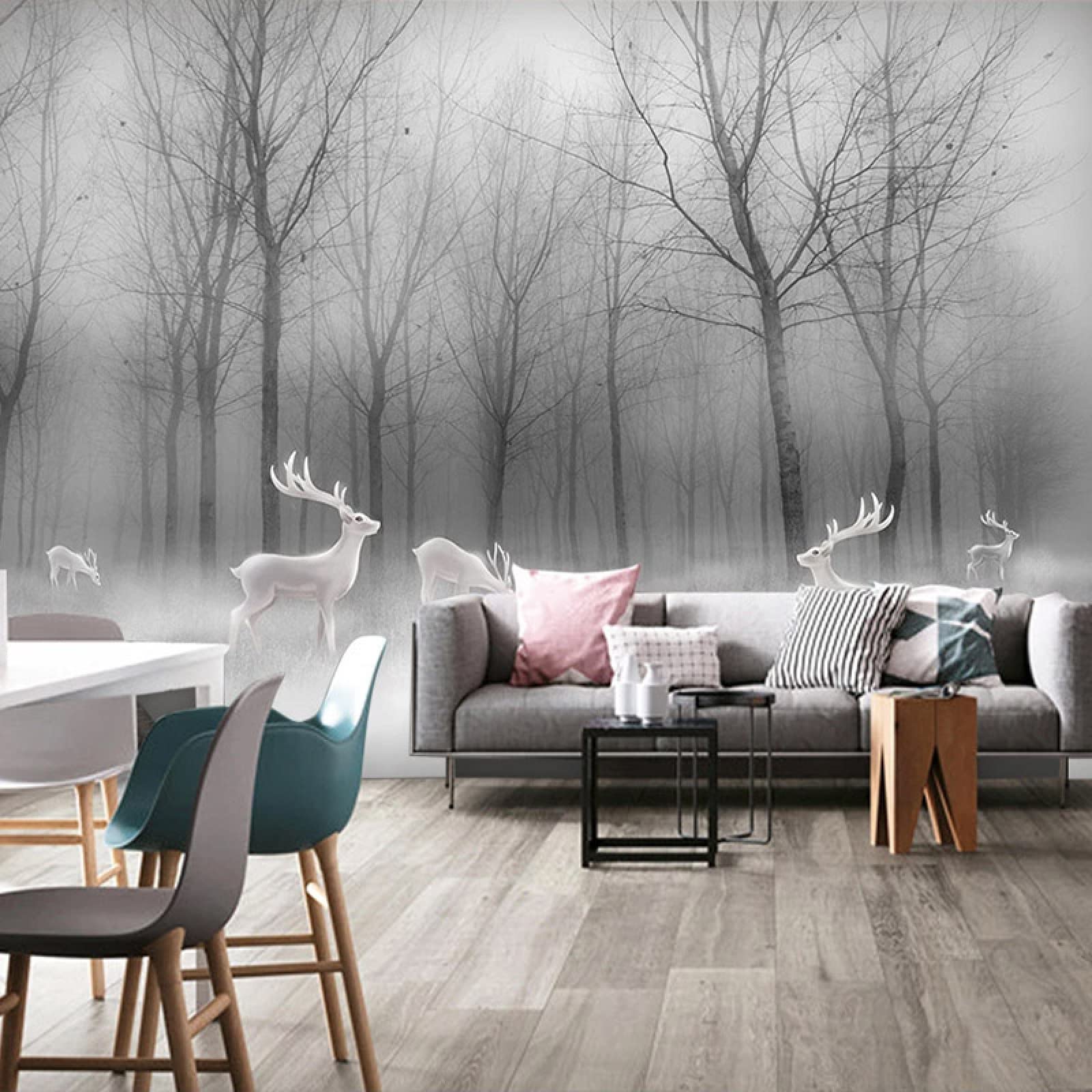 Nordic Forest Elk Abstract Woods 3D Wallpaper - Black & White Landscape Custom Photo, Waterproof Mural Painting for Living Room, Dining Room & Bedroom Decor | Nature-Inspired Wall Art for Modern Home & Office Spaces