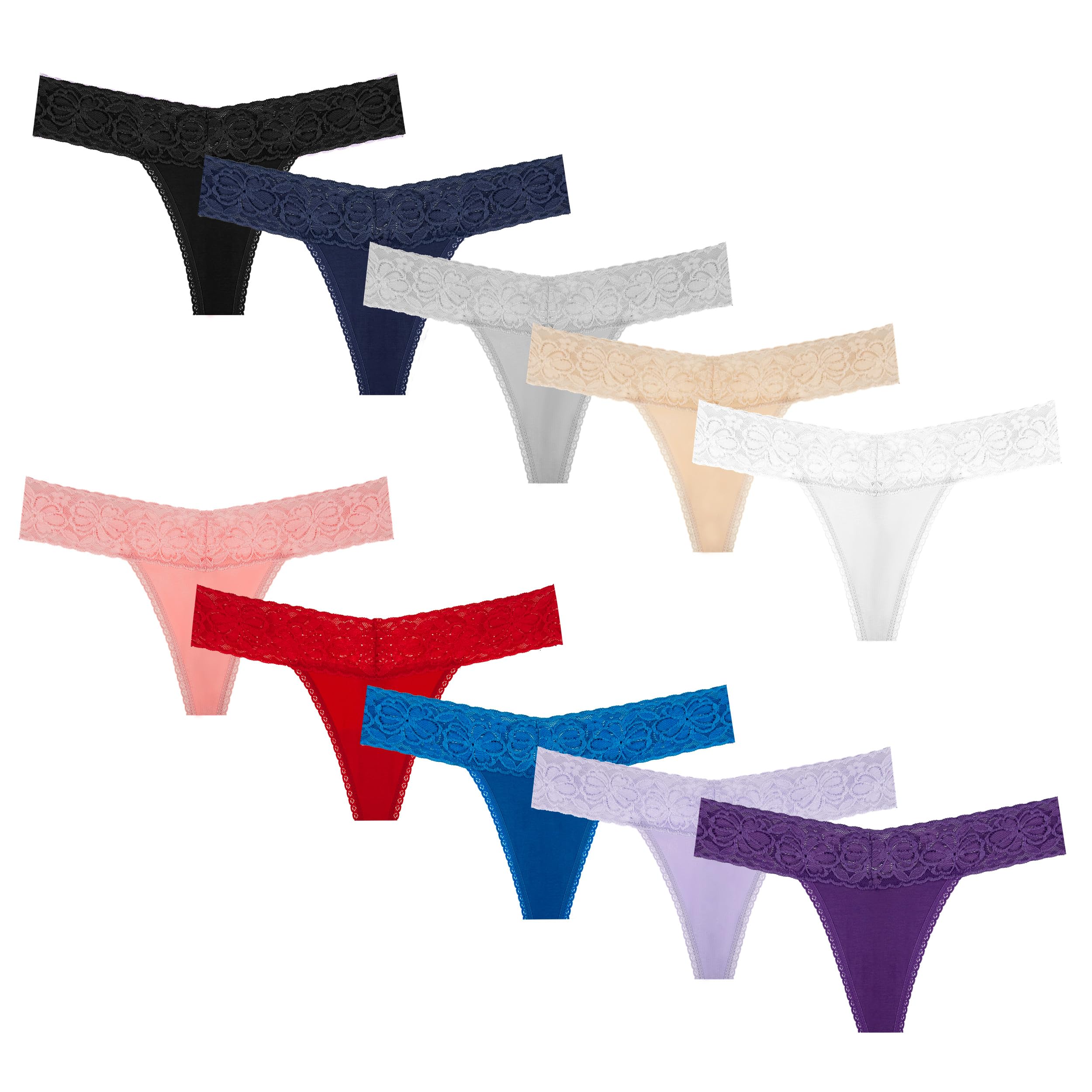 10 Pack Seamless Lace Thongs for Women - Plus Size Breathable Cotton Underwear - Low Rise T-Back No Show Panties - Comfortable for Daily Wear, Workout & Travel