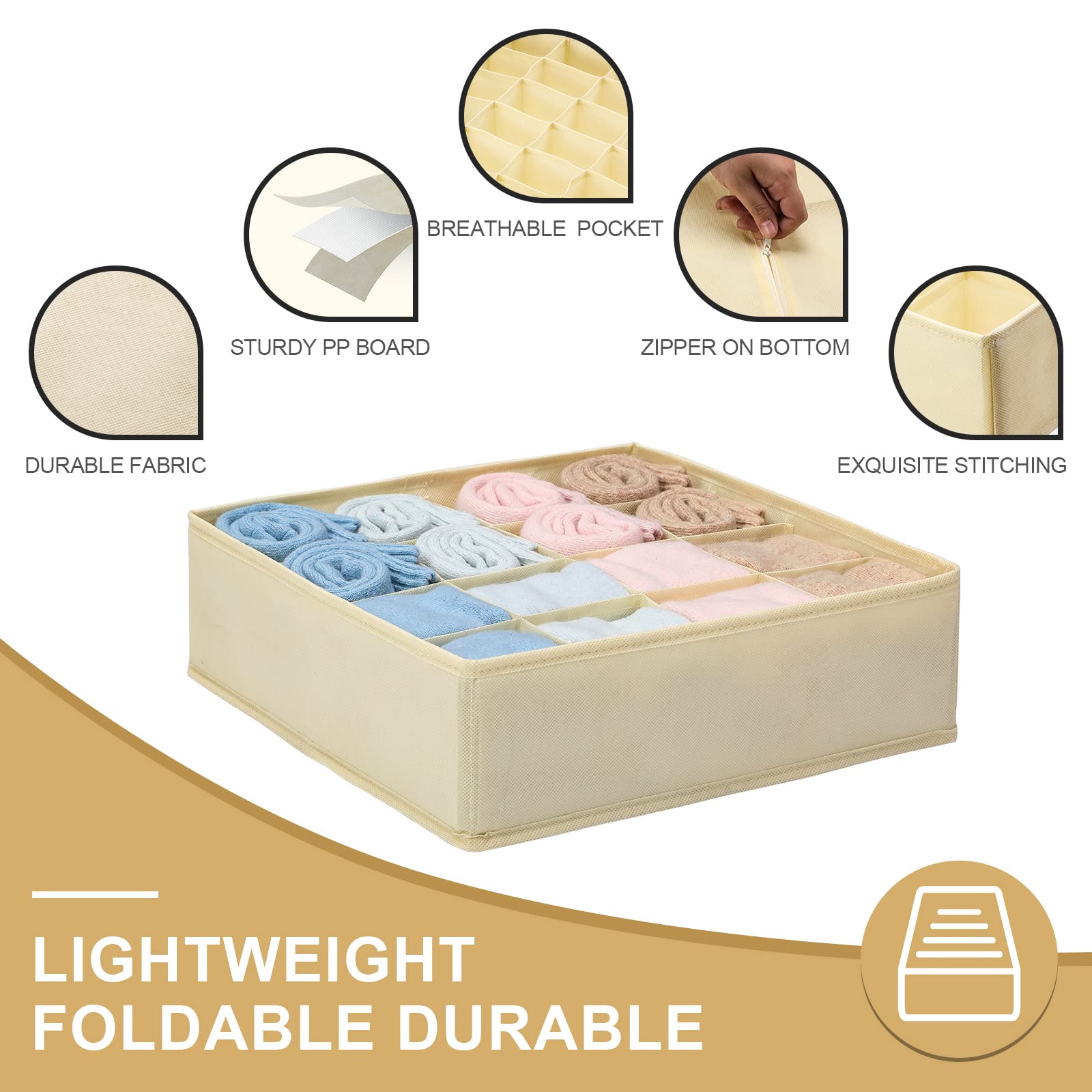 5 Pack Foldable Fabric Drawer Organizers - Sock & Underwear Storage Box, Dresser Closet Dividers for Baby Clothes, Undies, Handkerchiefs, Ties | Beige | Bedroom Cabinet Organization & Space Saving Solution
