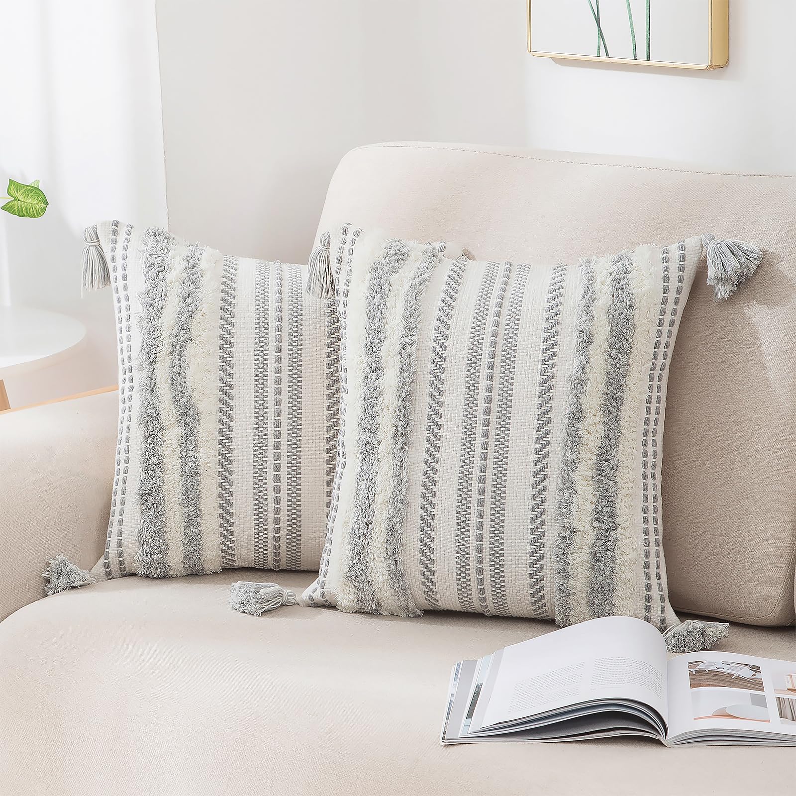 Boho Throw Pillow Covers 20x20 Set of 2 - Neutral Textured Tufted Striped Decorative Cushion Covers for Sofa, Couch, Bed & Living Room - Grey and Cream White - Perfect for Boho Chic, Farmhouse & Modern Home Decor