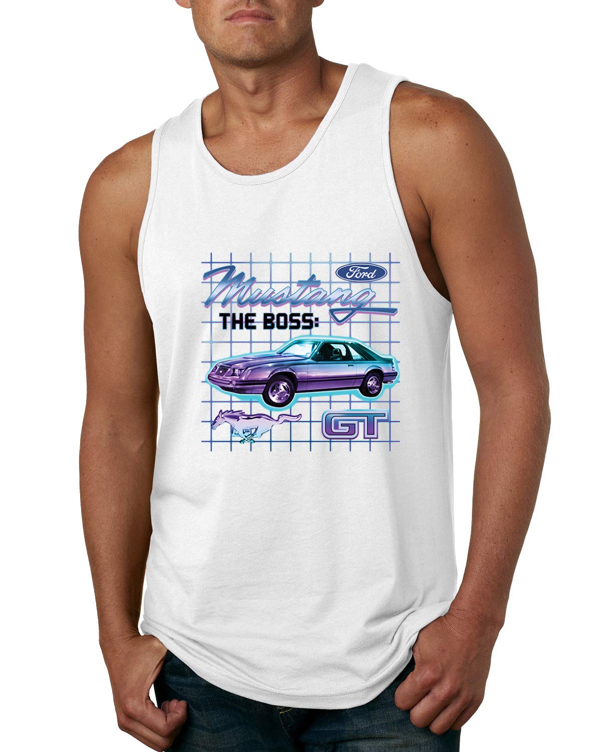 Ford Mustang GT The Boss Retro Neon Vintage Graphic Tank Top for Men - Cool Muscle Car Tee for Casual Wear, Car Shows & Gifts