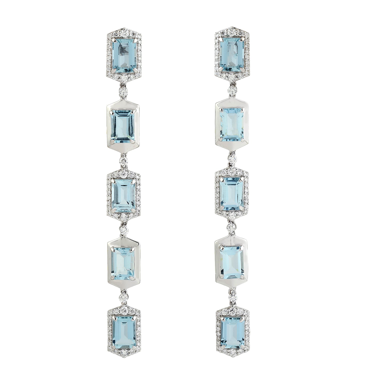 18K White Gold Baguette Aquamarine Gemstone Pave Diamond Long Dangle Earrings | Elegant Jewelry for Weddings, Parties & Special Occasions