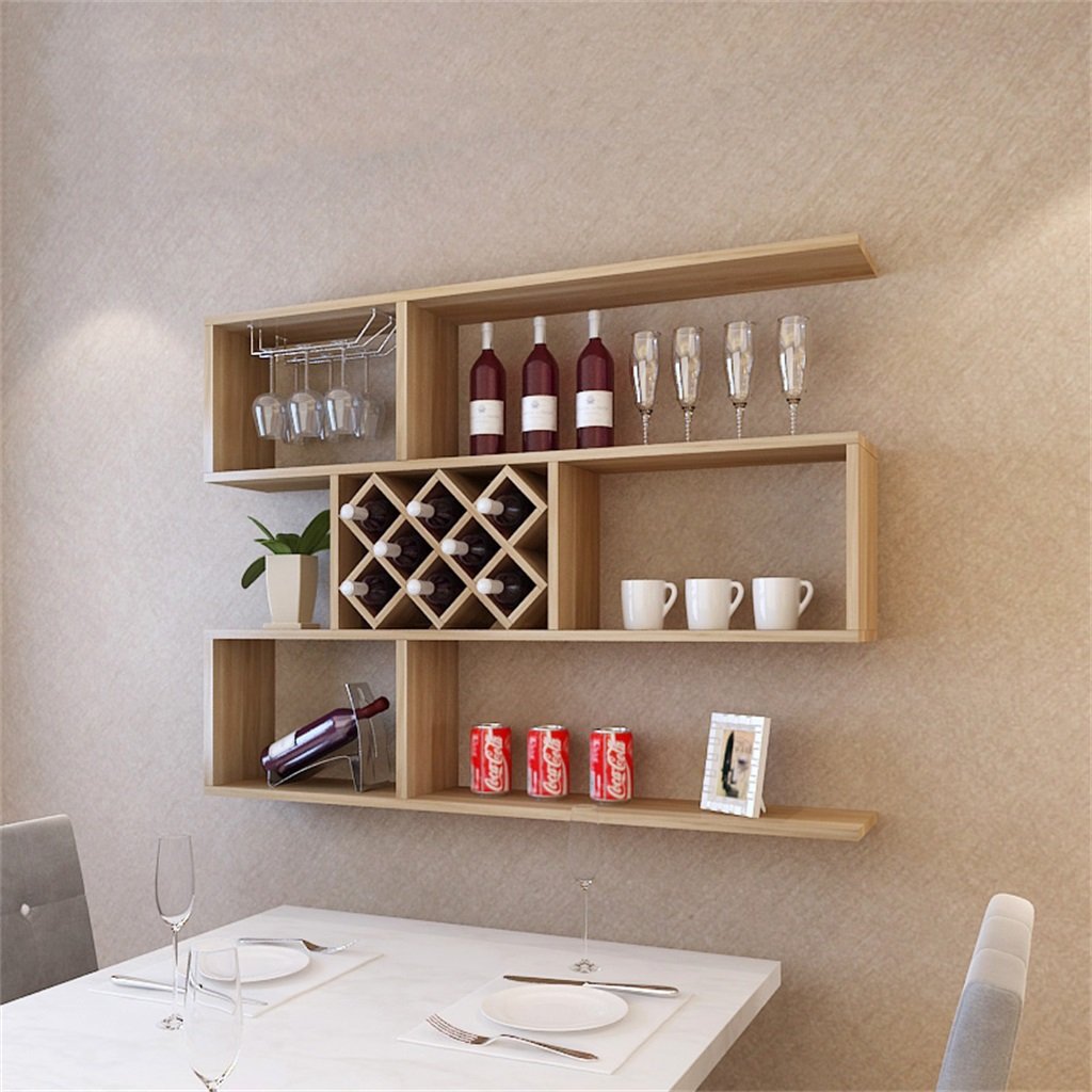 Modern Minimalist Light Walnut Wine Cabinet - 140cm Wall Hanging Wine Rack & Decorative Shelf for Kitchen, Dining Room or Bar Storage | Rustic Home Decor & Wine Cooler Display