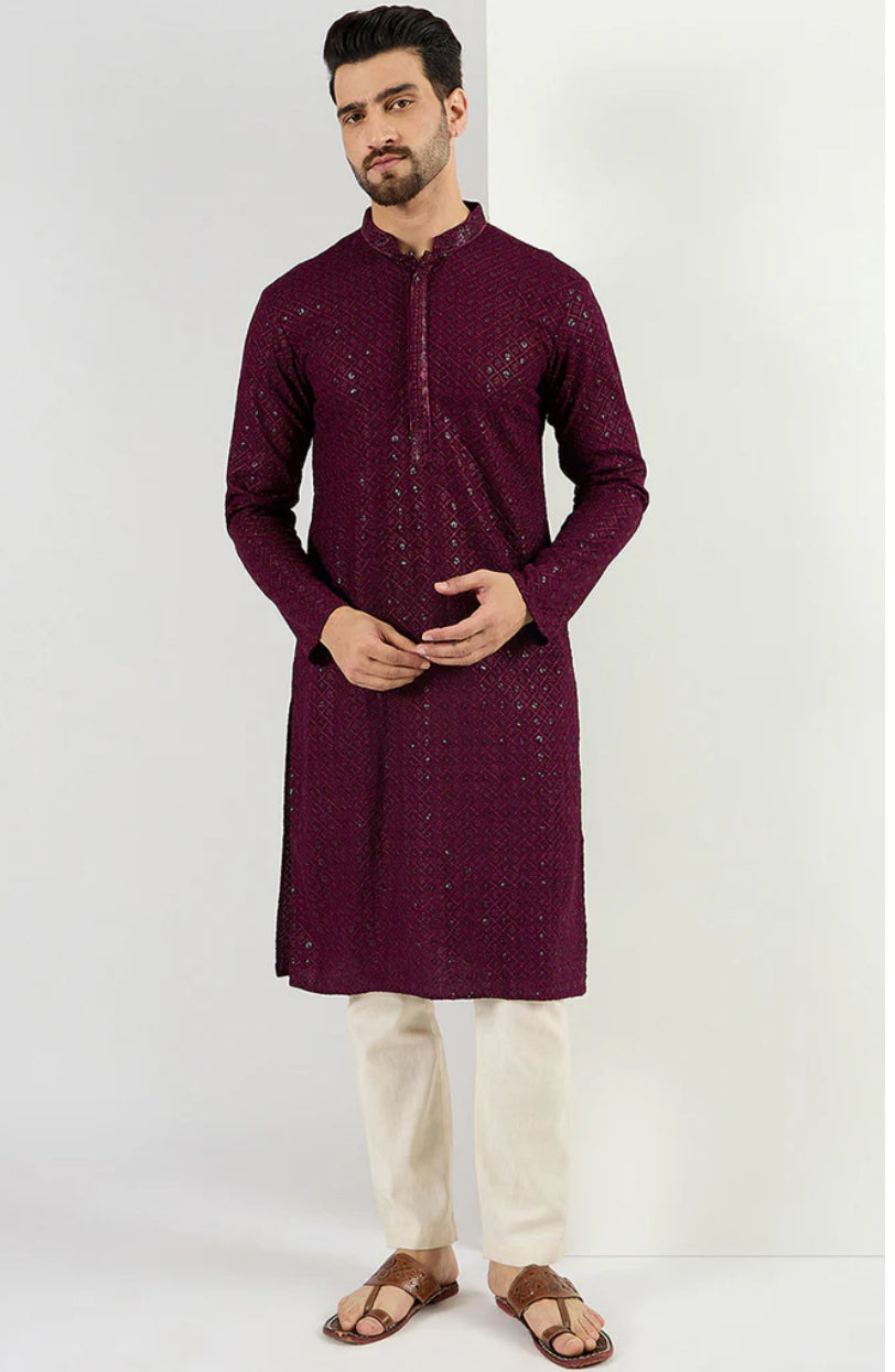 Men's Chikankari Kurta in Deep Maroon - Traditional Indian Embroidered Tunic for Casual Wear & Festive Occasions