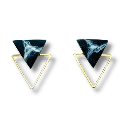 Handmade Polymer Clay Marble Triangle Earrings - Minimalist Geometric Dangle Earrings | Hypoallergenic Surgical Steel Stud Earrings for Sensitive Ears (Black Marble 20mm, Gold Frame) | Perfect for Women's Daily Wear, Office, Party & Special Occasions