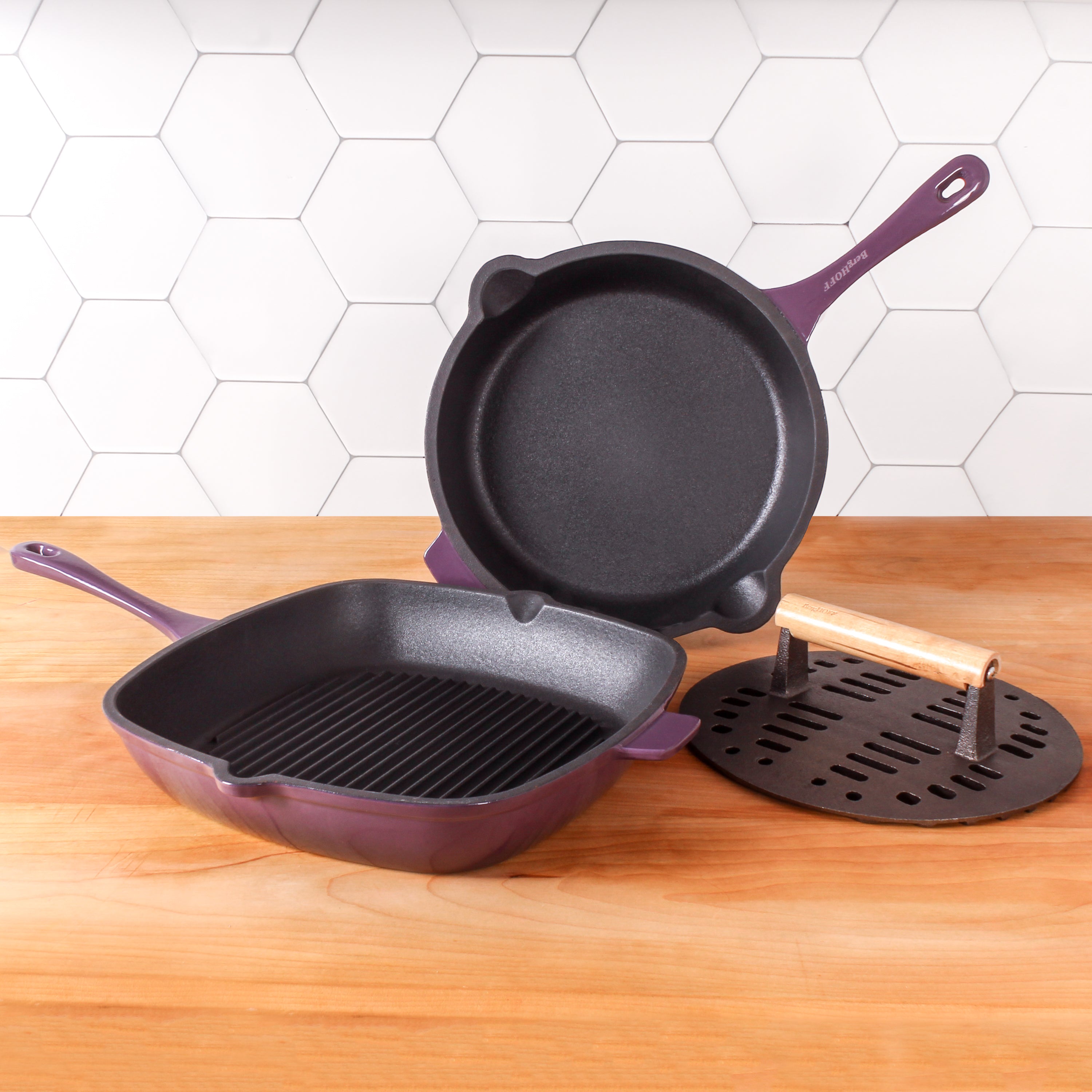 BergHOFF Neo 3-Piece Cast Iron Cookware Set - Purple Grill Pan & Fry Pan with Slotted Steak Press | Perfect for Stovetop Cooking, Grilling Steaks & Burgers, Indoor/Outdoor Use