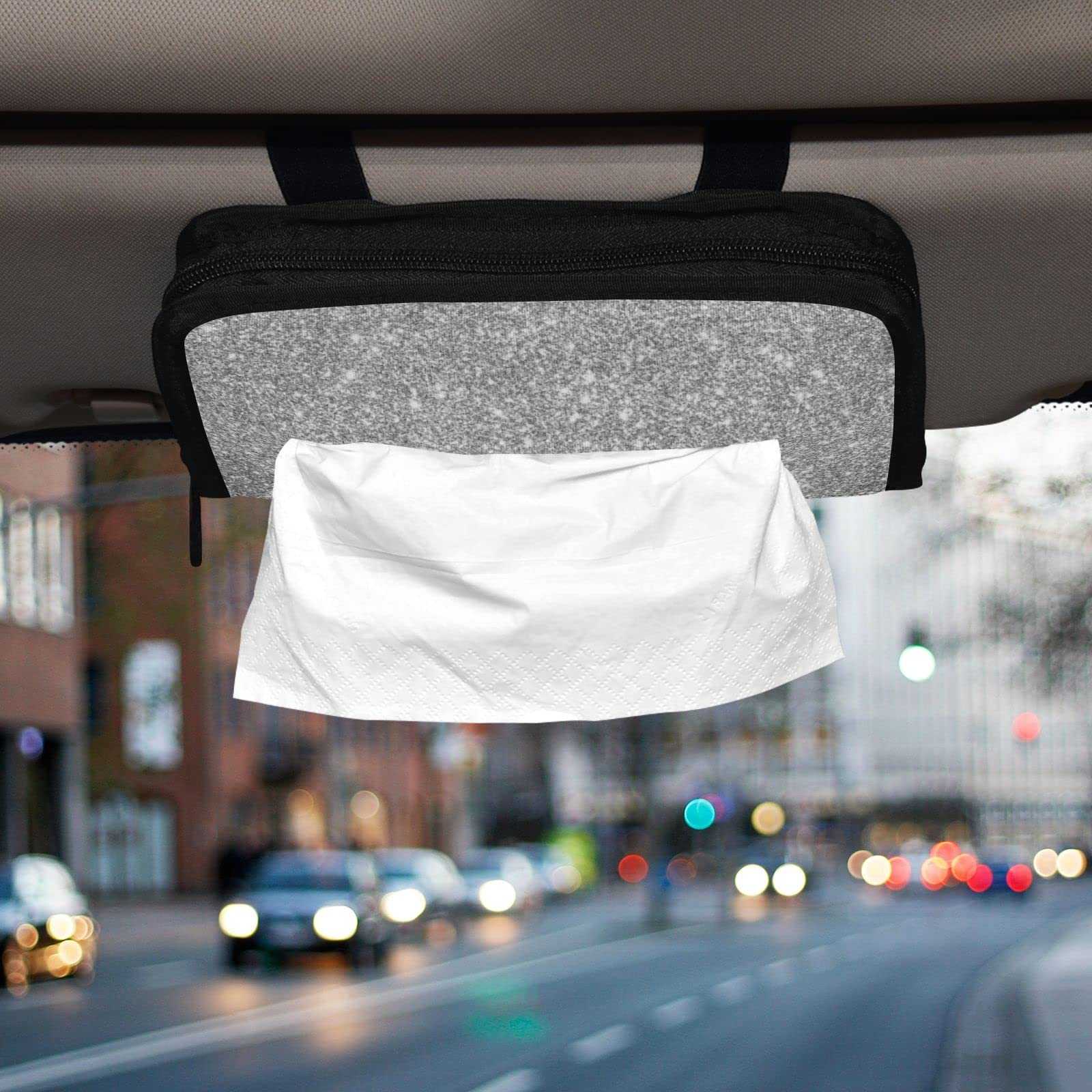 Shiny Silver Glitter Car Visor Tissue Holder - Universal Sun Visor Hanging Napkin Box for Auto | Perfect for Road Trips, Commuting & Family Travel Accessories